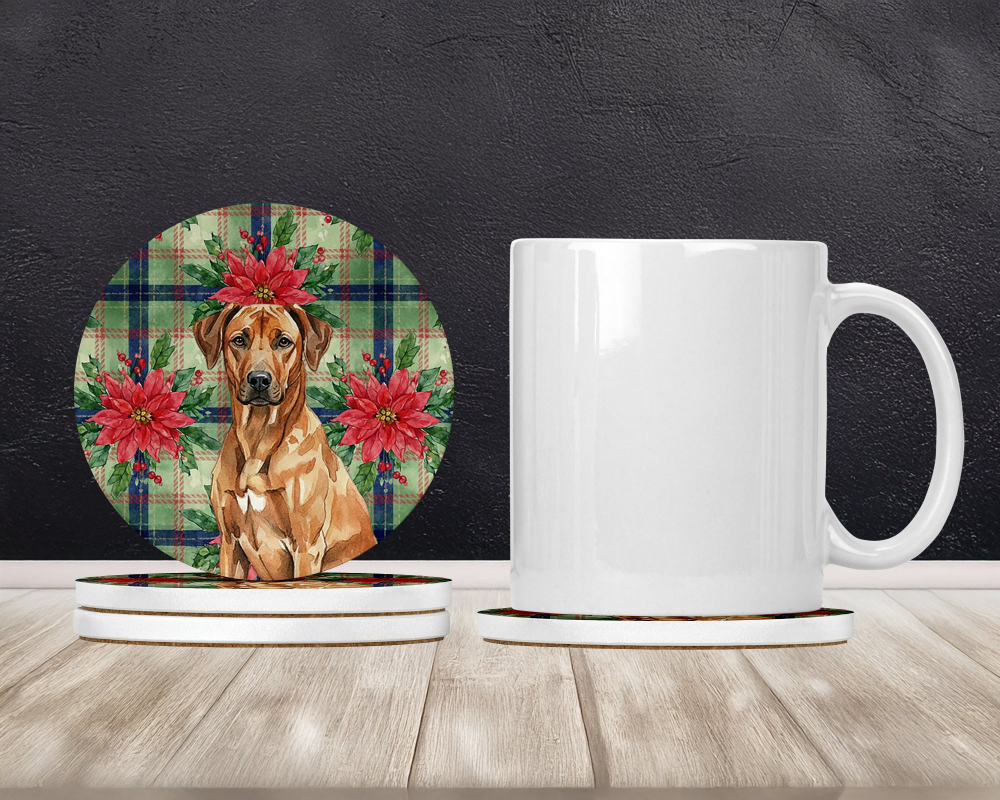 Caroline's Treasures Rhodesian Ridgeback Christmas PoinsettIas Large Sandstone Coasters Pack of 4