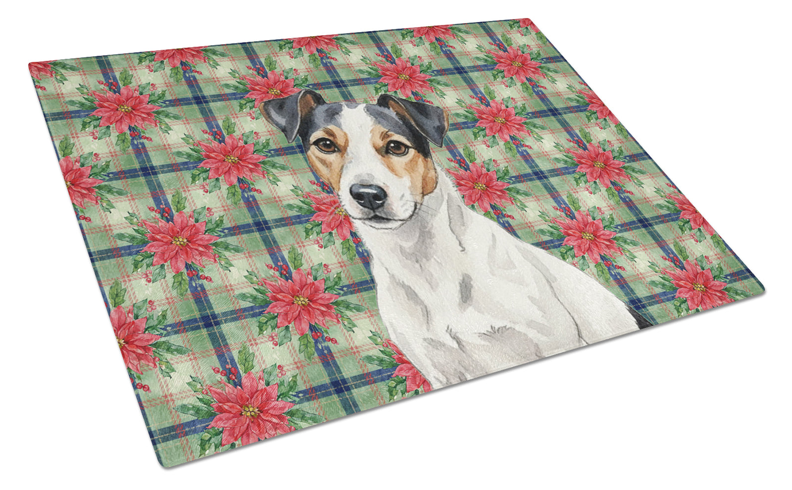 Caroline's Treasures White with Black Markings Russell Terrier Christmas PoinsettIas Glass Cutting Board