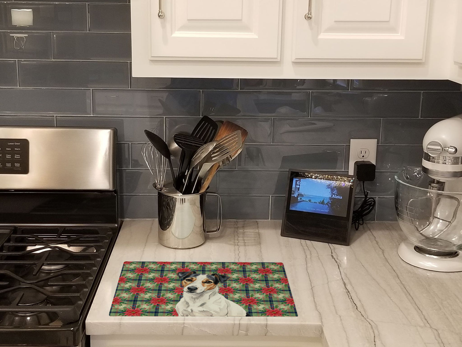 Caroline's Treasures White with Black Markings Russell Terrier Christmas PoinsettIas Glass Cutting Board