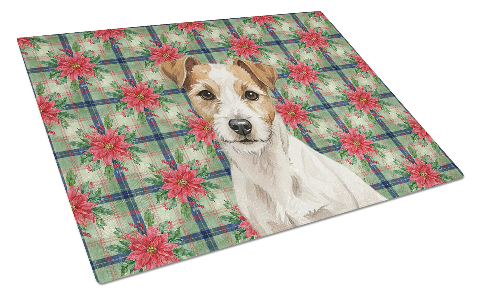 Caroline's Treasures White with Tan Markings Russell Terrier Christmas PoinsettIas Glass Cutting Board