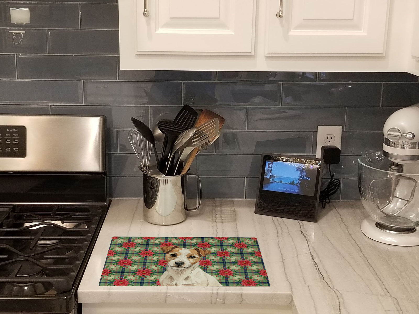 Caroline's Treasures White with Tan Markings Russell Terrier Christmas PoinsettIas Glass Cutting Board