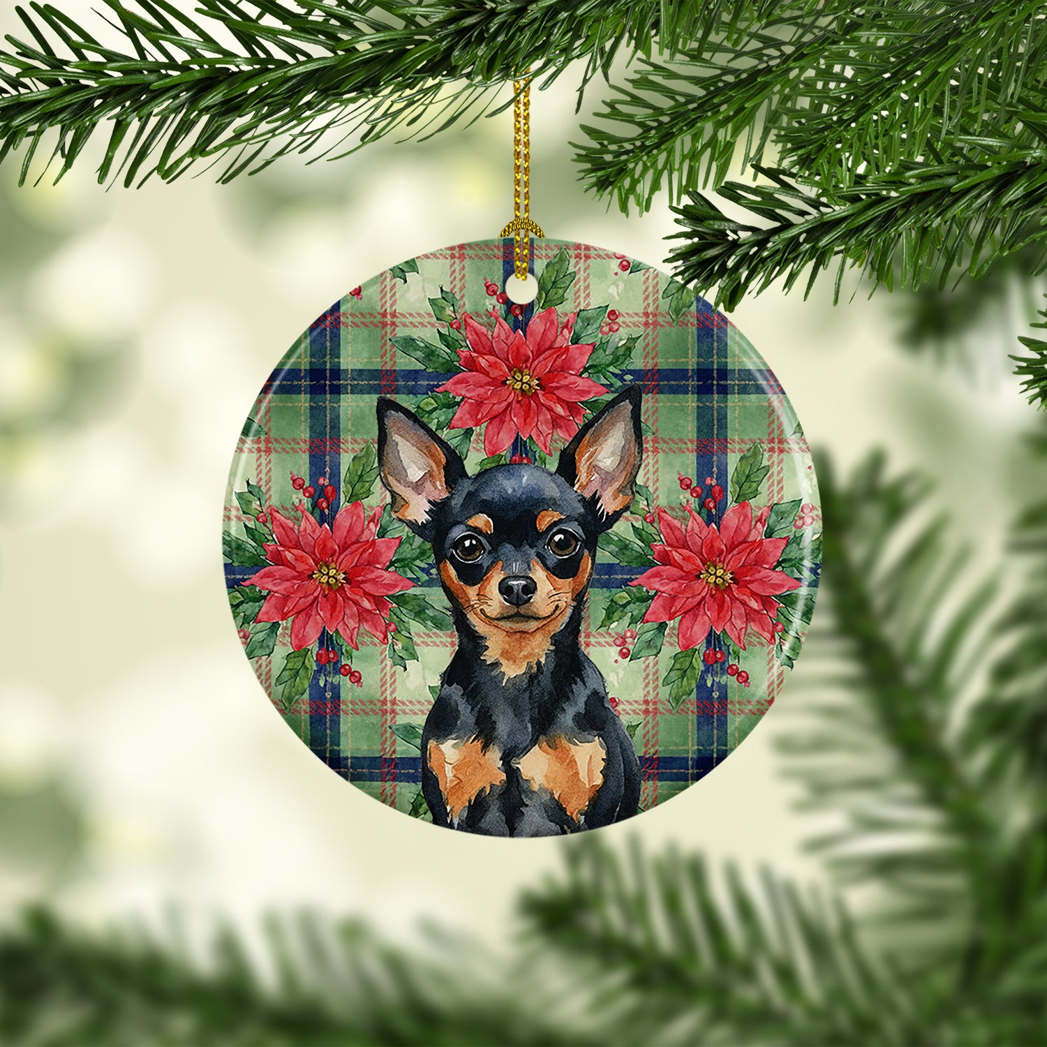 Caroline's Treasures Black and Tan Russian Toy Christmas PoinsettIas Ceramic Ornament