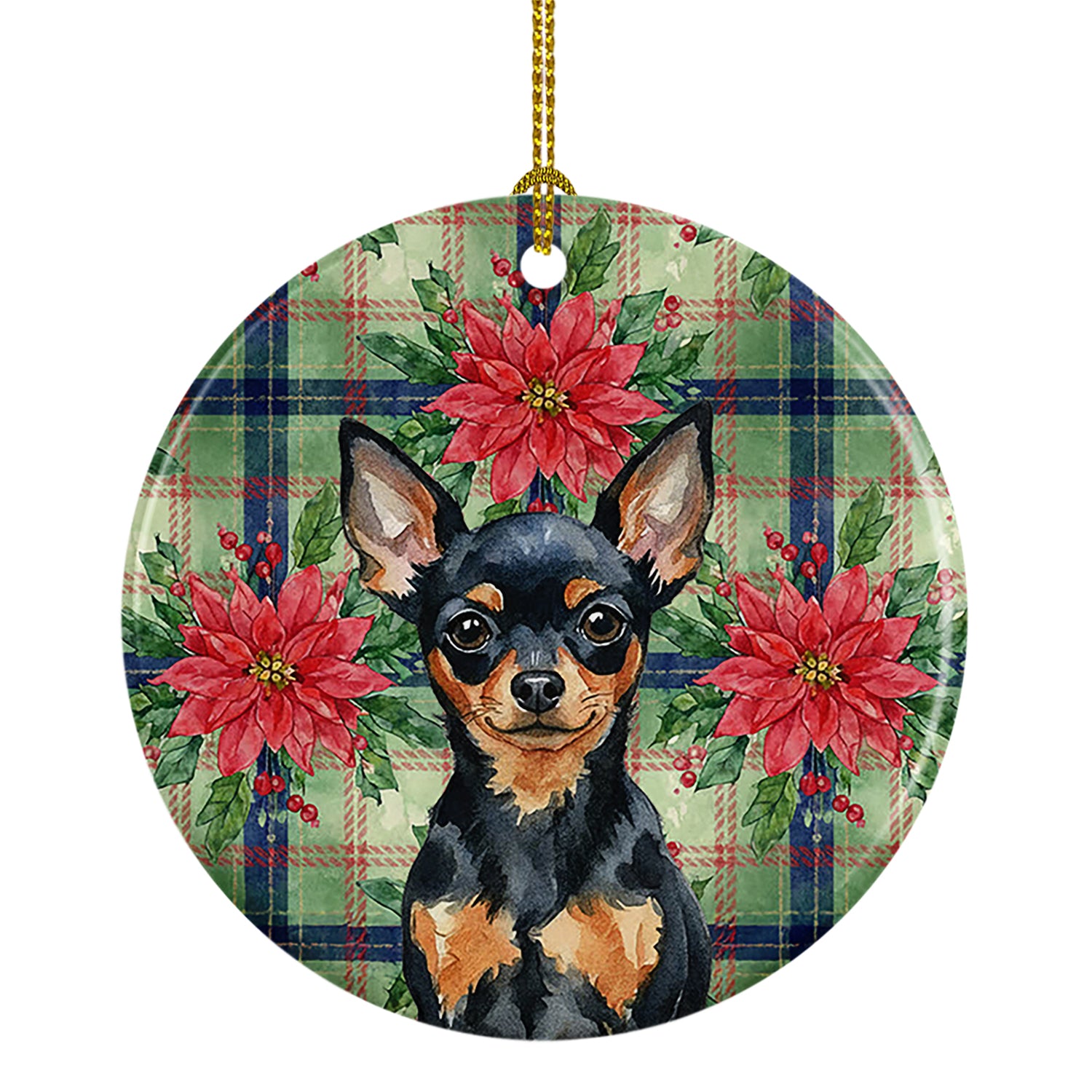 Caroline's Treasures Black and Tan Russian Toy Christmas PoinsettIas Ceramic Ornament