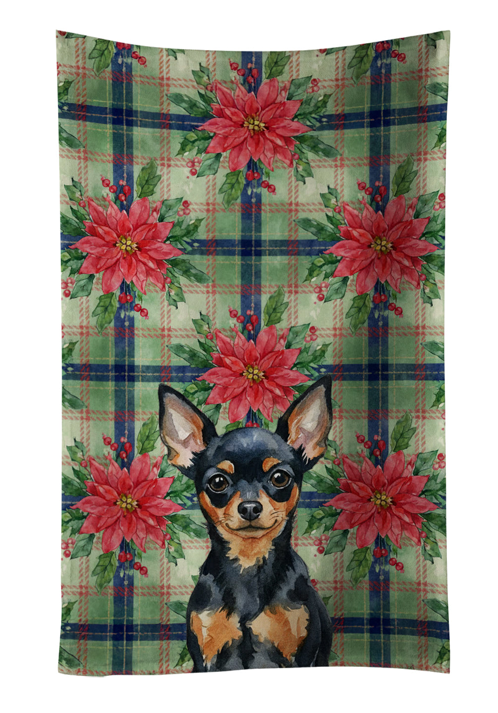 Caroline's Treasures Black and Tan Russian Toy Christmas PoinsettIas Kitchen Towel