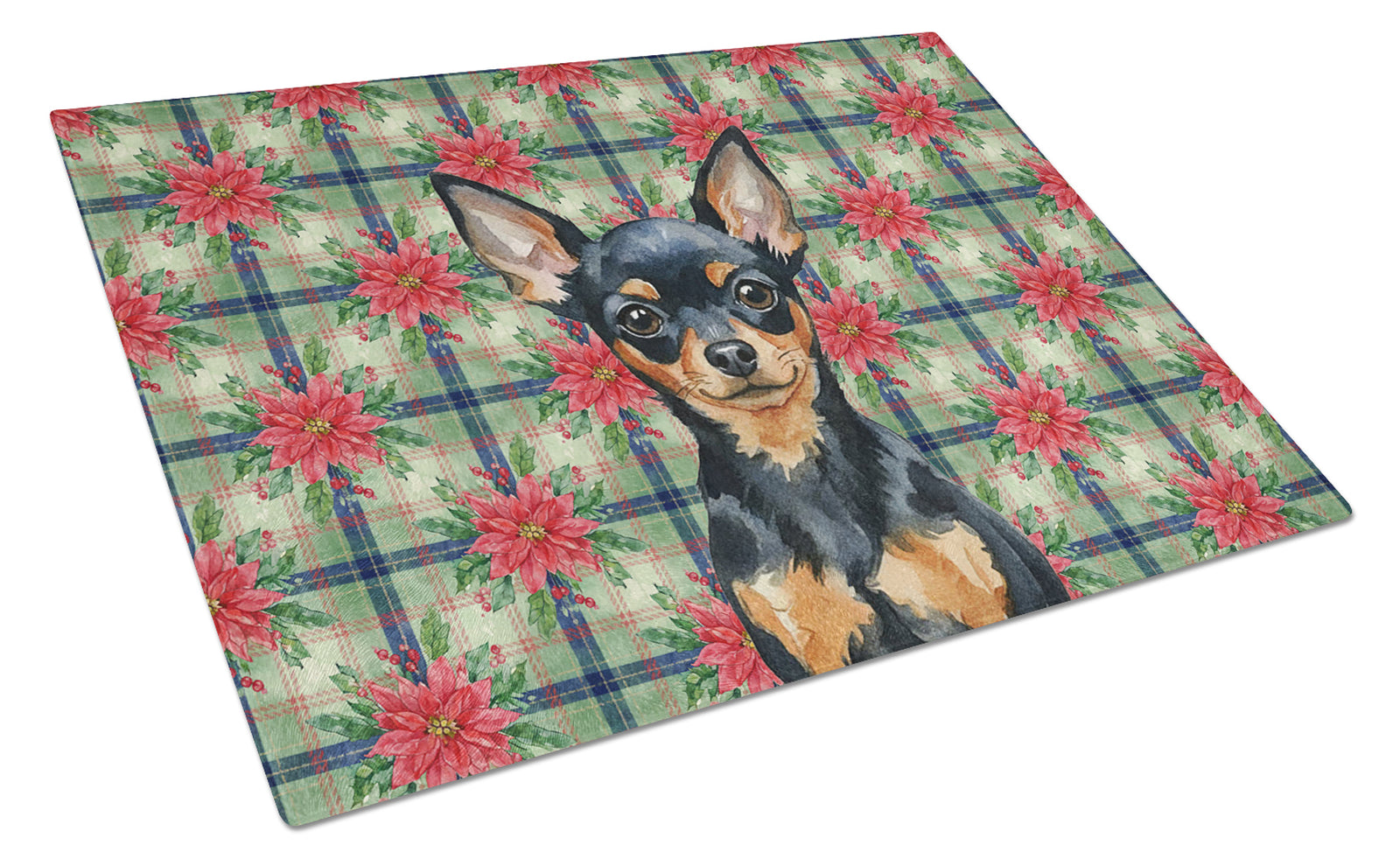 Caroline's Treasures Black and Tan Russian Toy Christmas PoinsettIas Glass Cutting Board