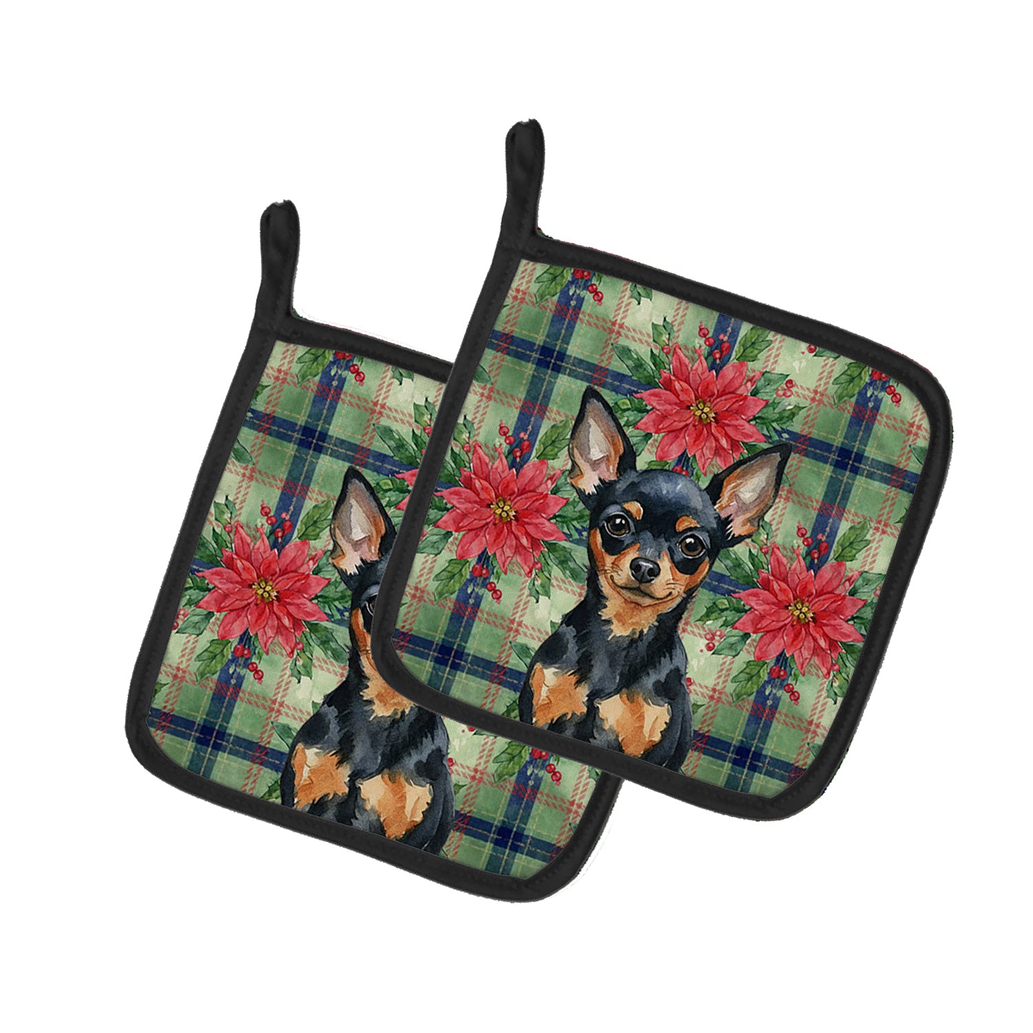 Caroline's Treasures Black and Tan Russian Toy Christmas PoinsettIas Pair of Pot Holders