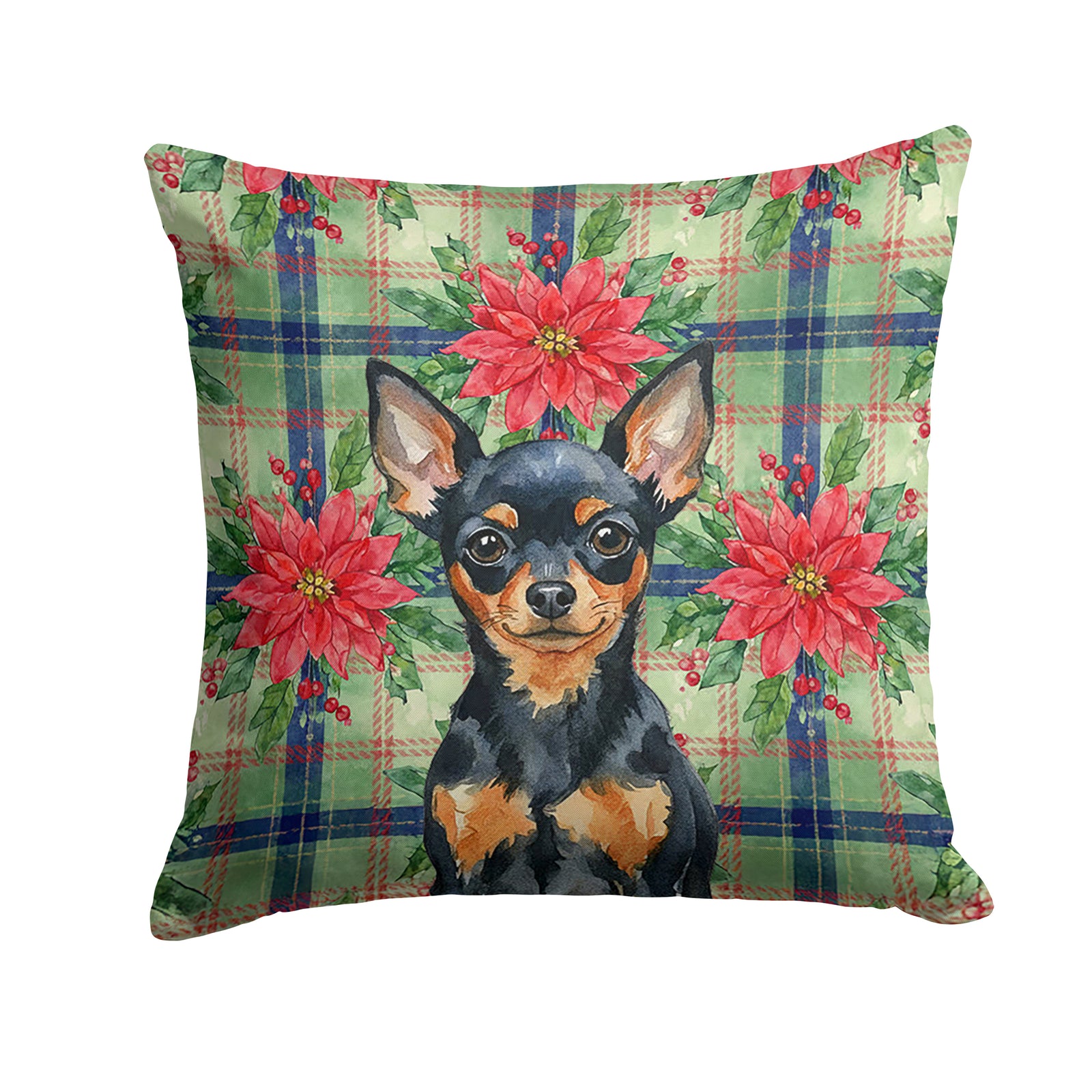 Caroline's Treasures Black and Tan Russian Toy Christmas PoinsettIas Throw Pillow