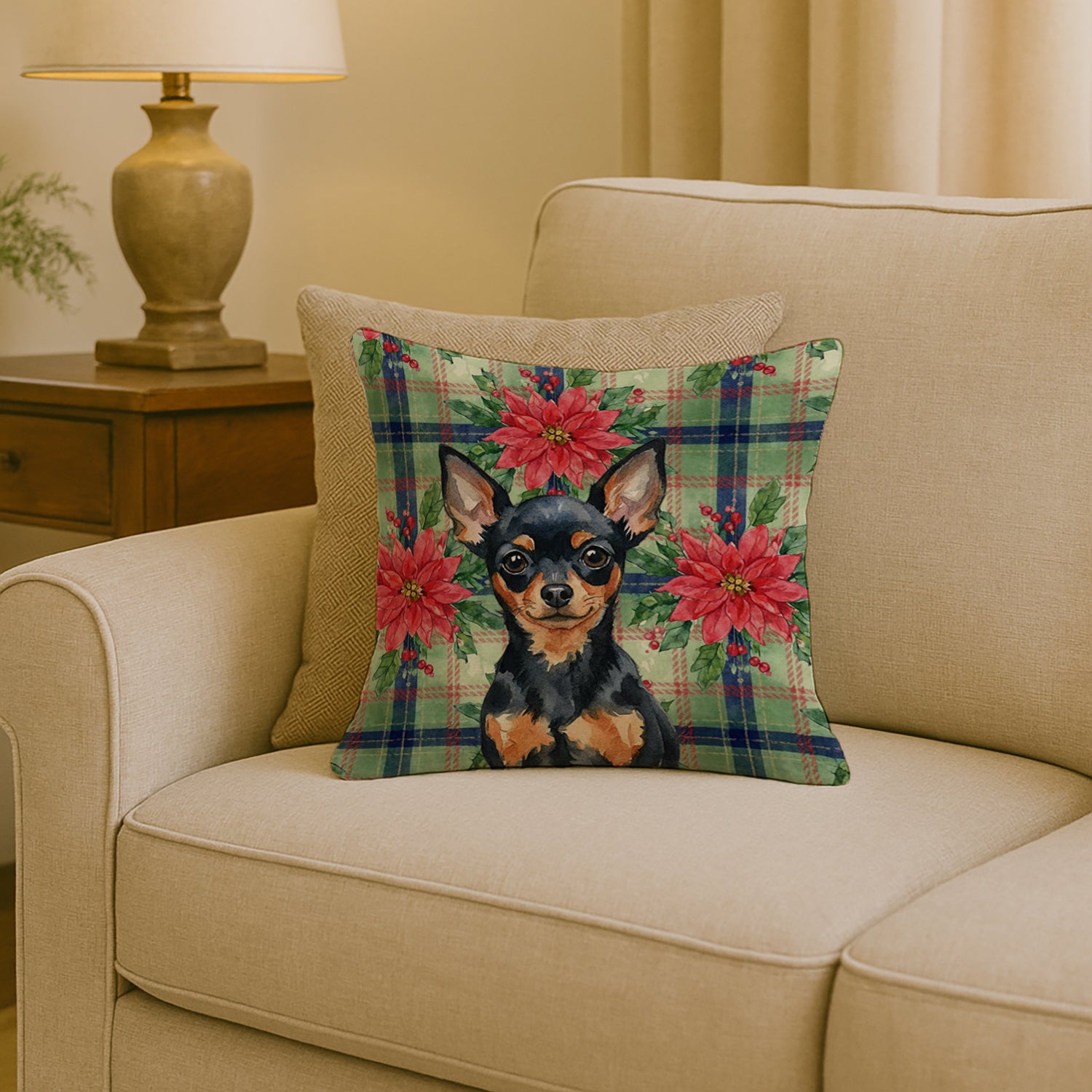 Caroline's Treasures Black and Tan Russian Toy Christmas PoinsettIas Throw Pillow