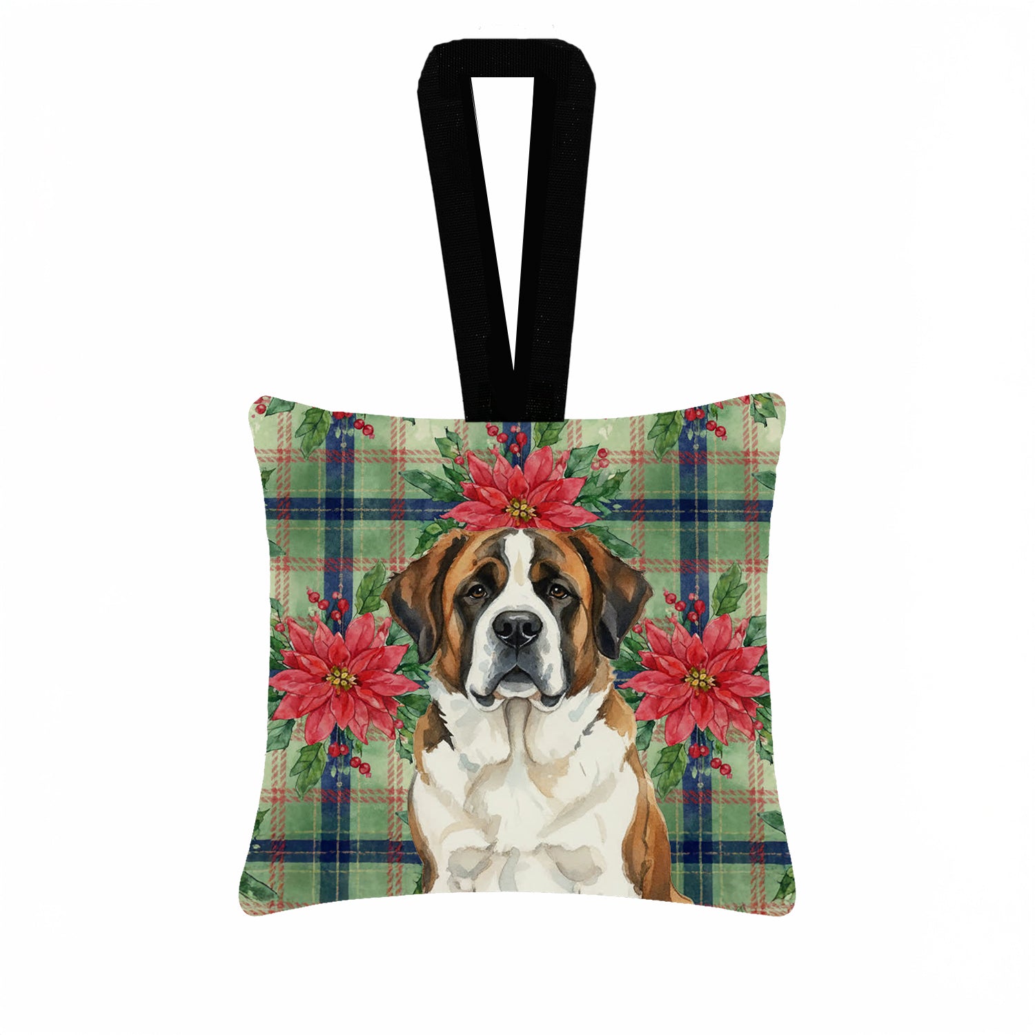 Caroline's Treasures Brindle and White Saint Bernard Christmas PoinsettIas Hanging Square Fabric Ornament 3.5 x 3.5