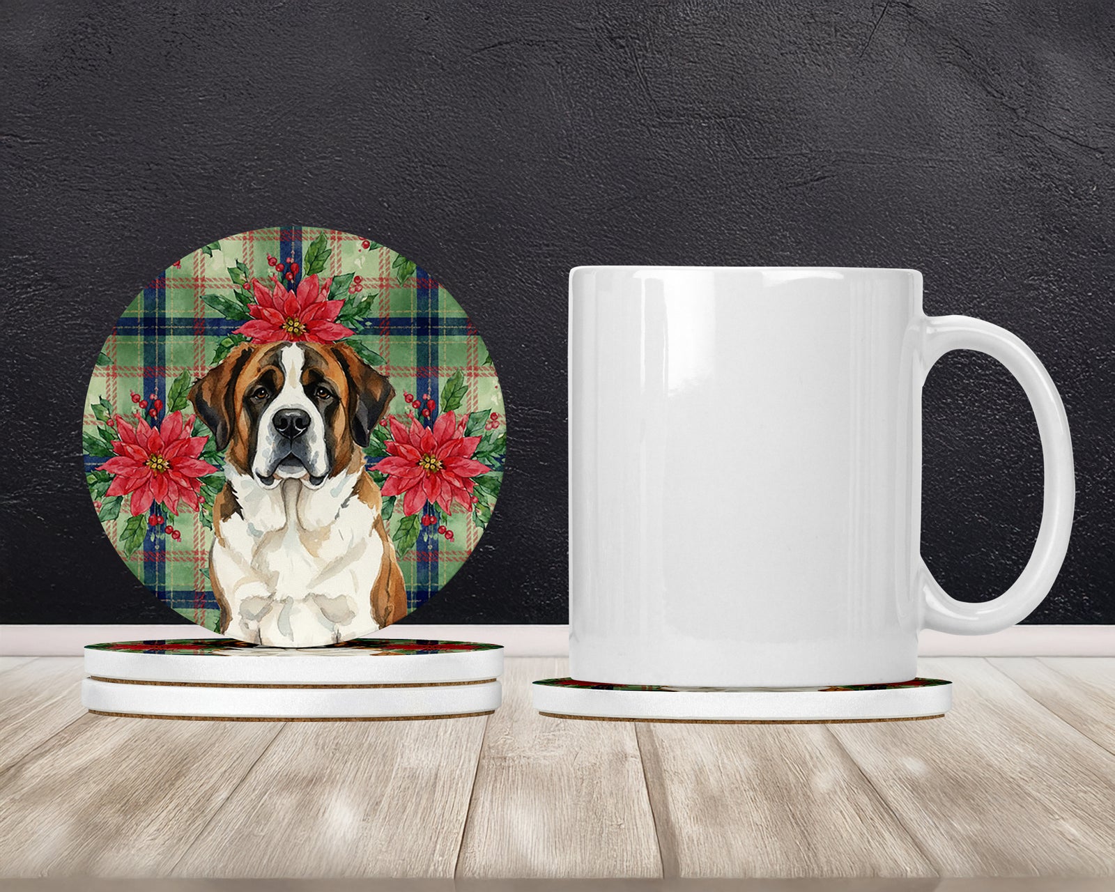 Caroline's Treasures Brindle and White Saint Bernard Christmas PoinsettIas Large Sandstone Coasters Pack of 4