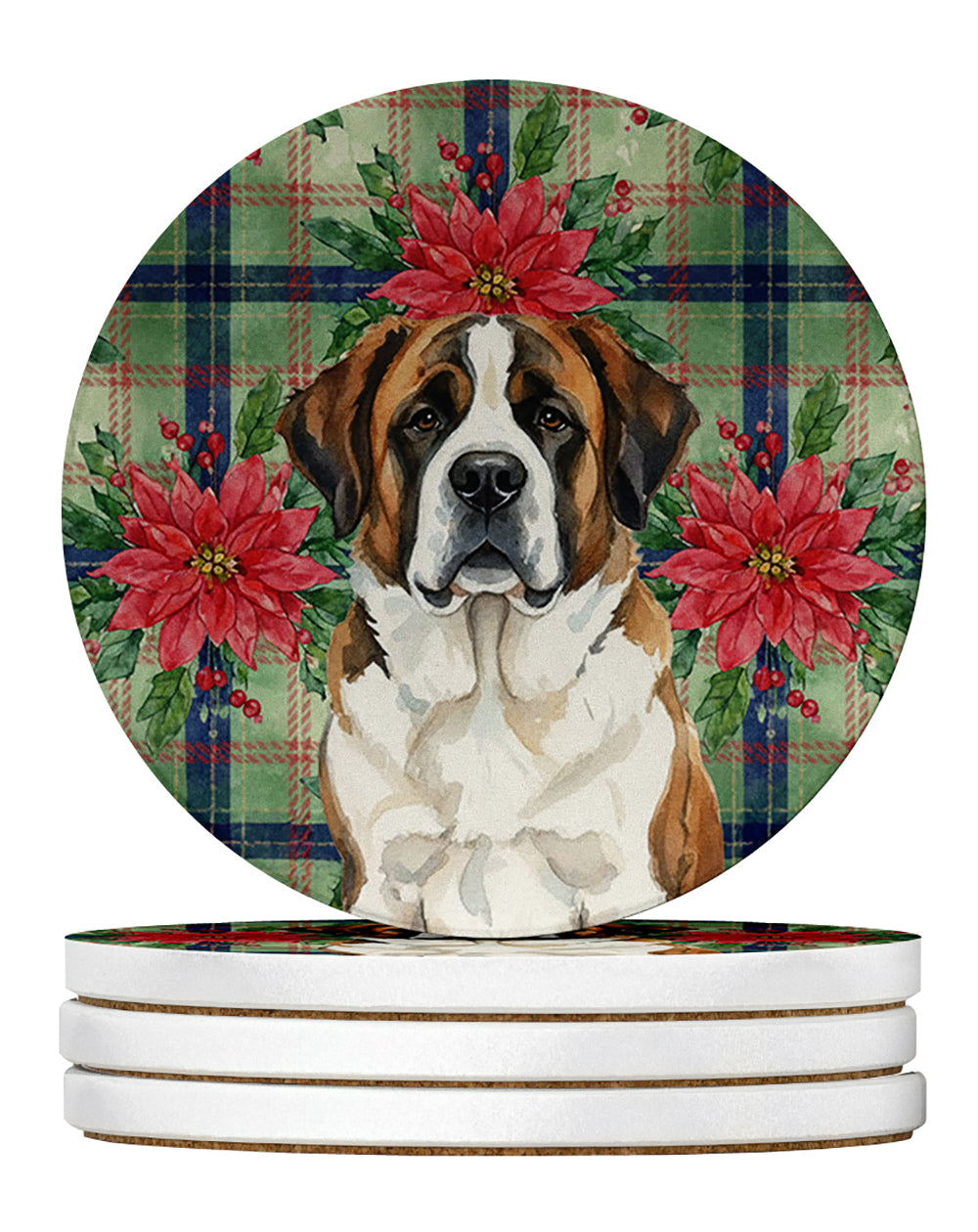 Caroline's Treasures Brindle and White Saint Bernard Christmas PoinsettIas Large Sandstone Coasters Pack of 4