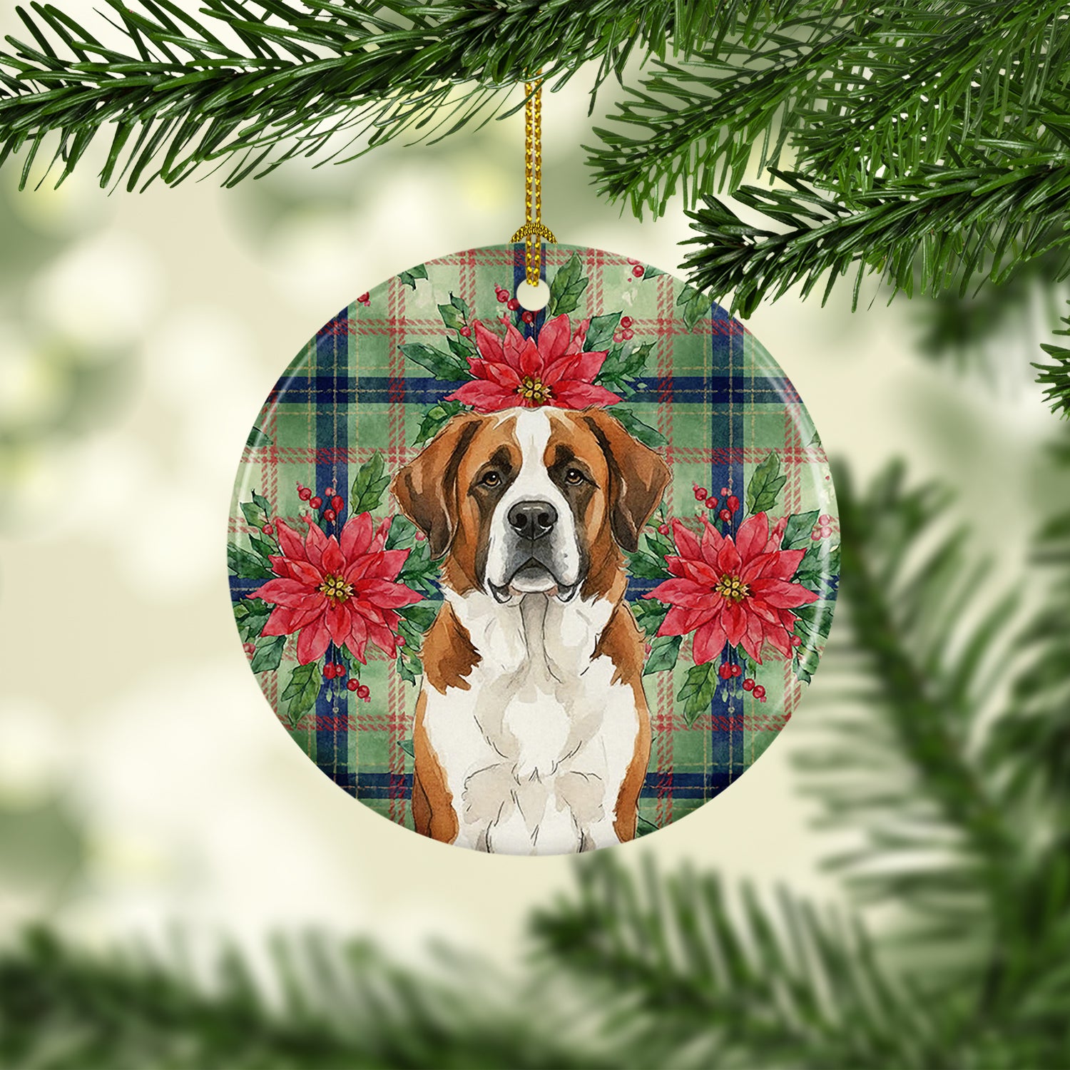 Caroline's Treasures Brown and White Saint Bernard Christmas PoinsettIas Ceramic Ornament