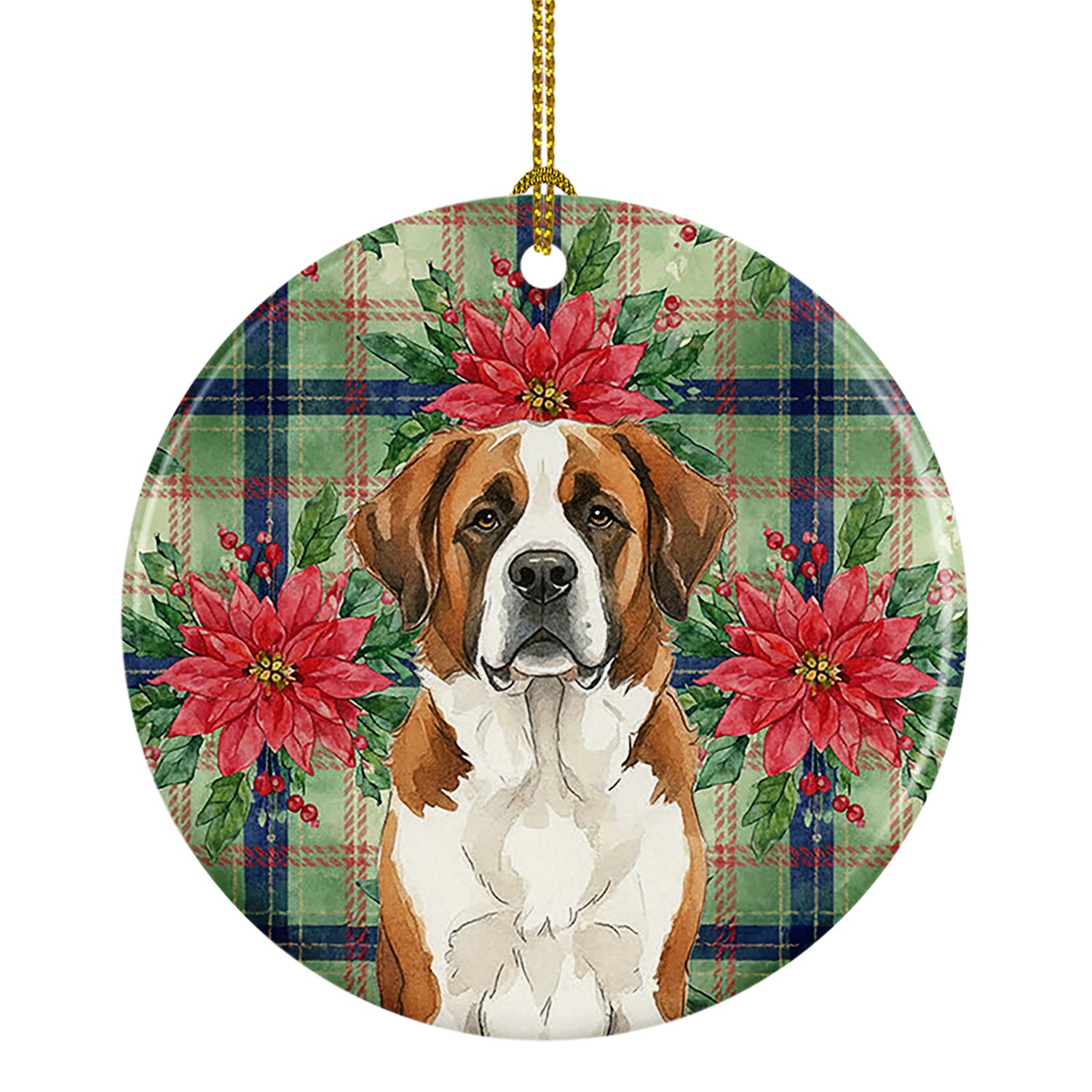 Caroline's Treasures Brown and White Saint Bernard Christmas PoinsettIas Ceramic Ornament