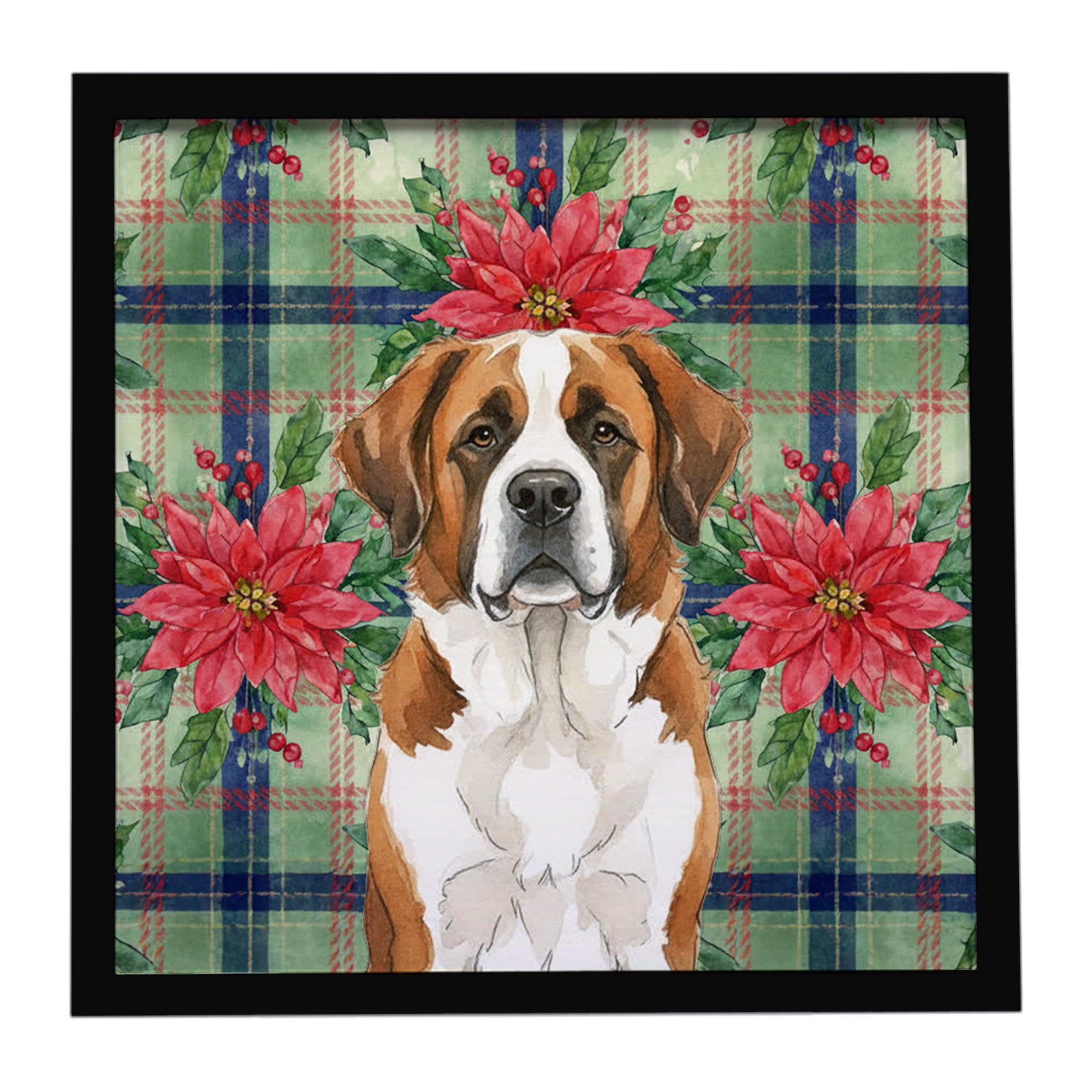 Caroline's Treasures Brown and White Saint Bernard Christmas PoinsettIas Framed Metal Print