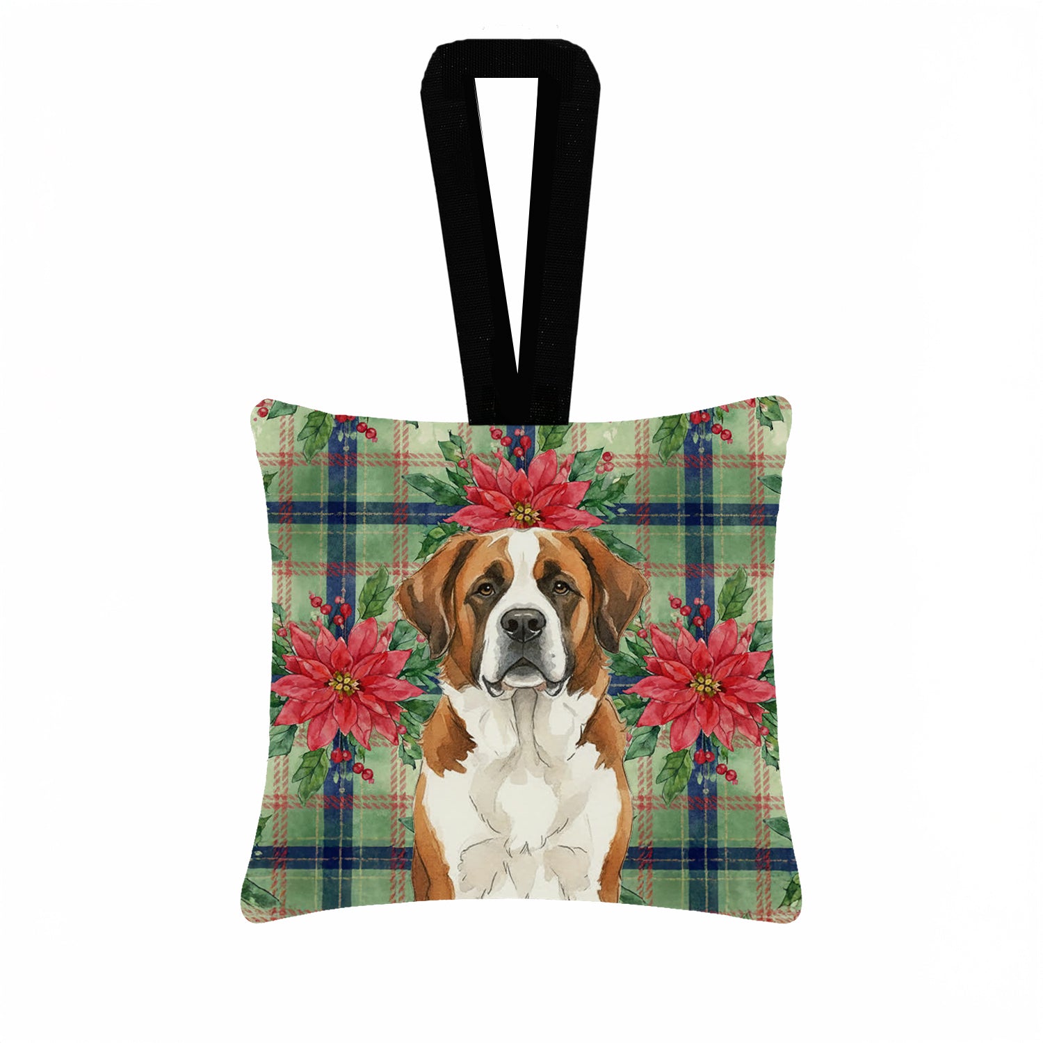 Caroline's Treasures Brown and White Saint Bernard Christmas PoinsettIas Hanging Square Fabric Ornament 3.5 x 3.5