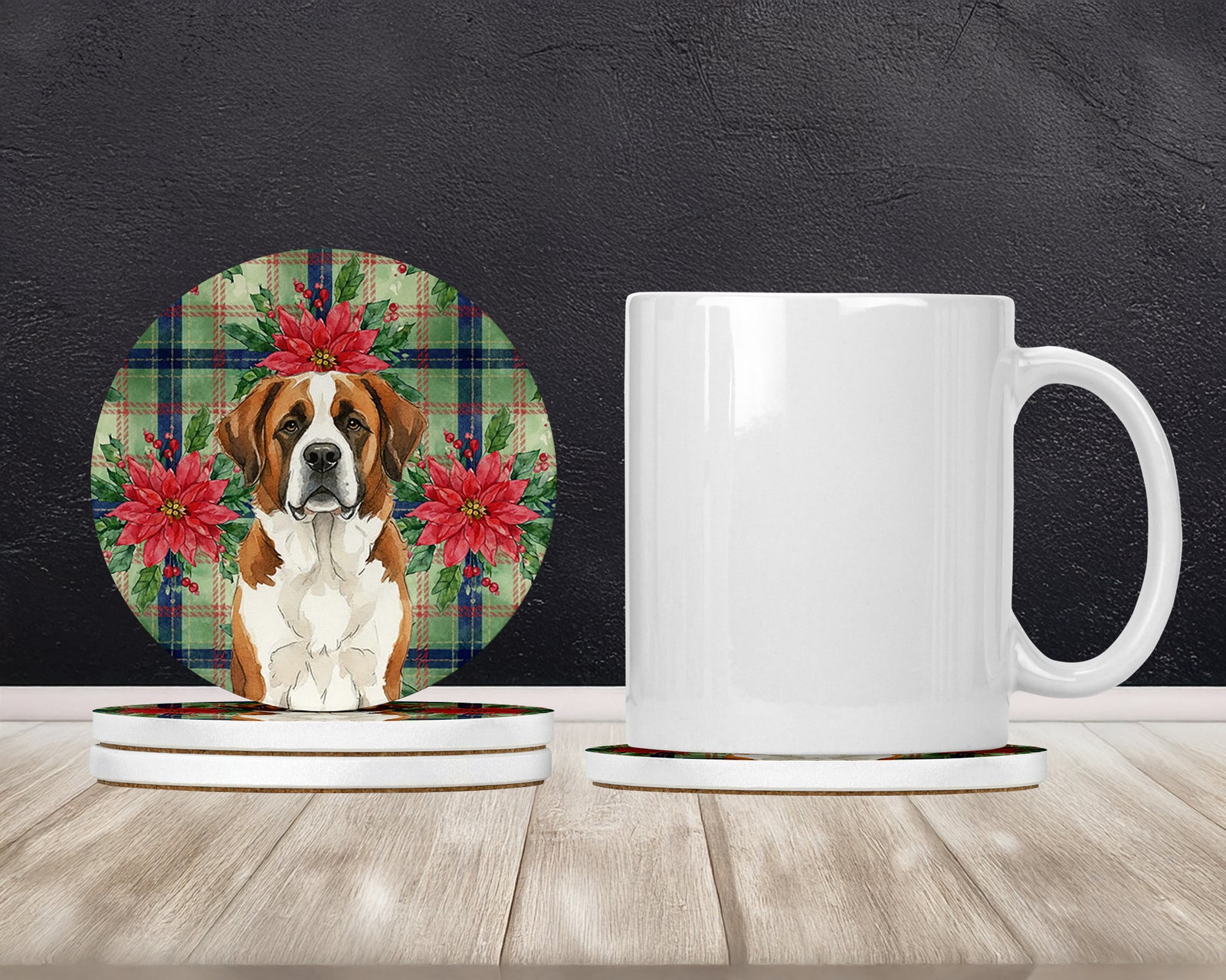 Caroline's Treasures Brown and White Saint Bernard Christmas PoinsettIas Large Sandstone Coasters Pack of 4