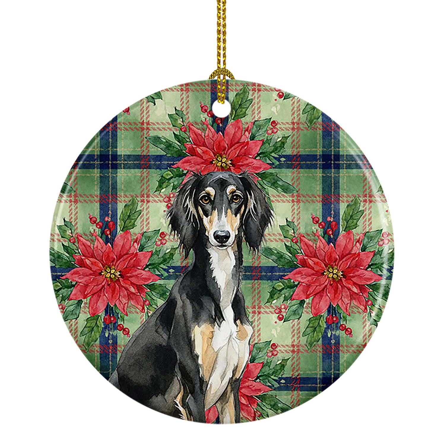 Caroline's Treasures Black and Tan Saluki Christmas PoinsettIas Ceramic Ornament