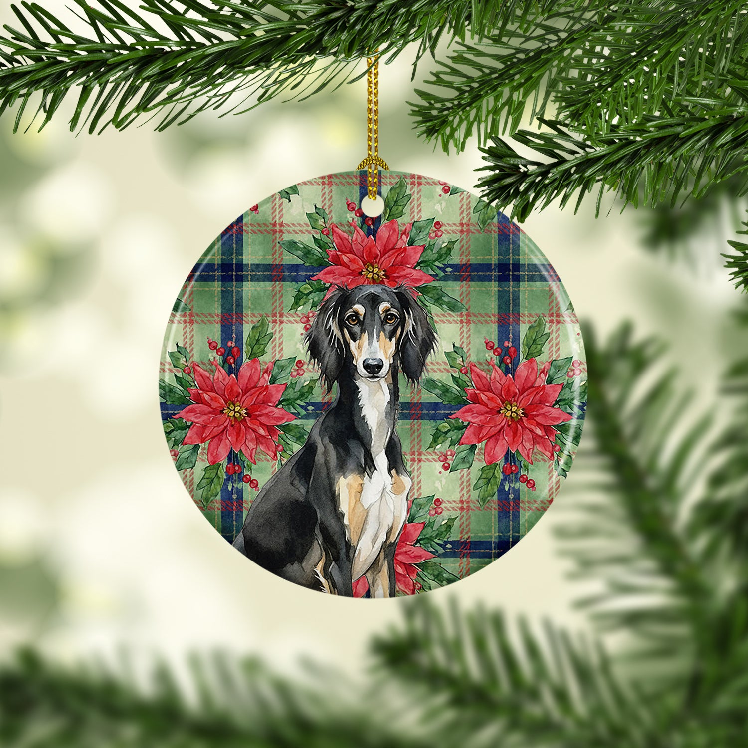 Caroline's Treasures Black and Tan Saluki Christmas PoinsettIas Ceramic Ornament