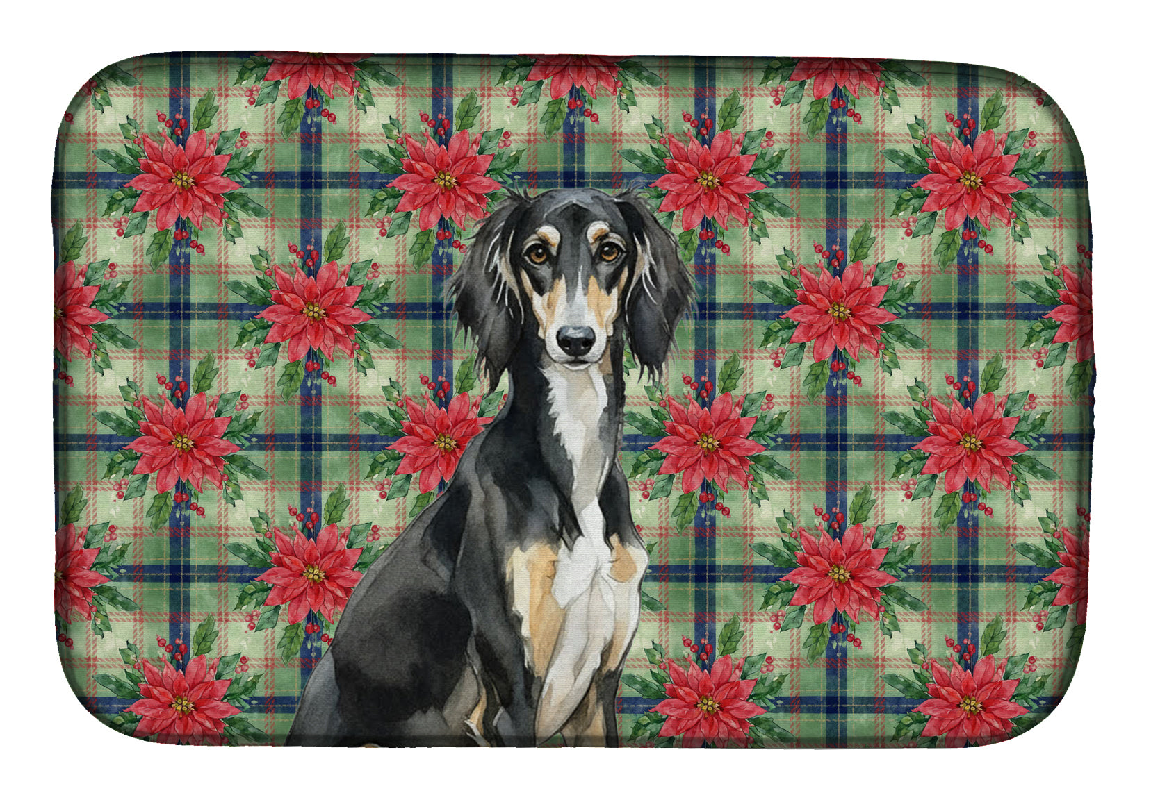 Caroline's Treasures Black and Tan Saluki Christmas PoinsettIas Dish Drying Mat