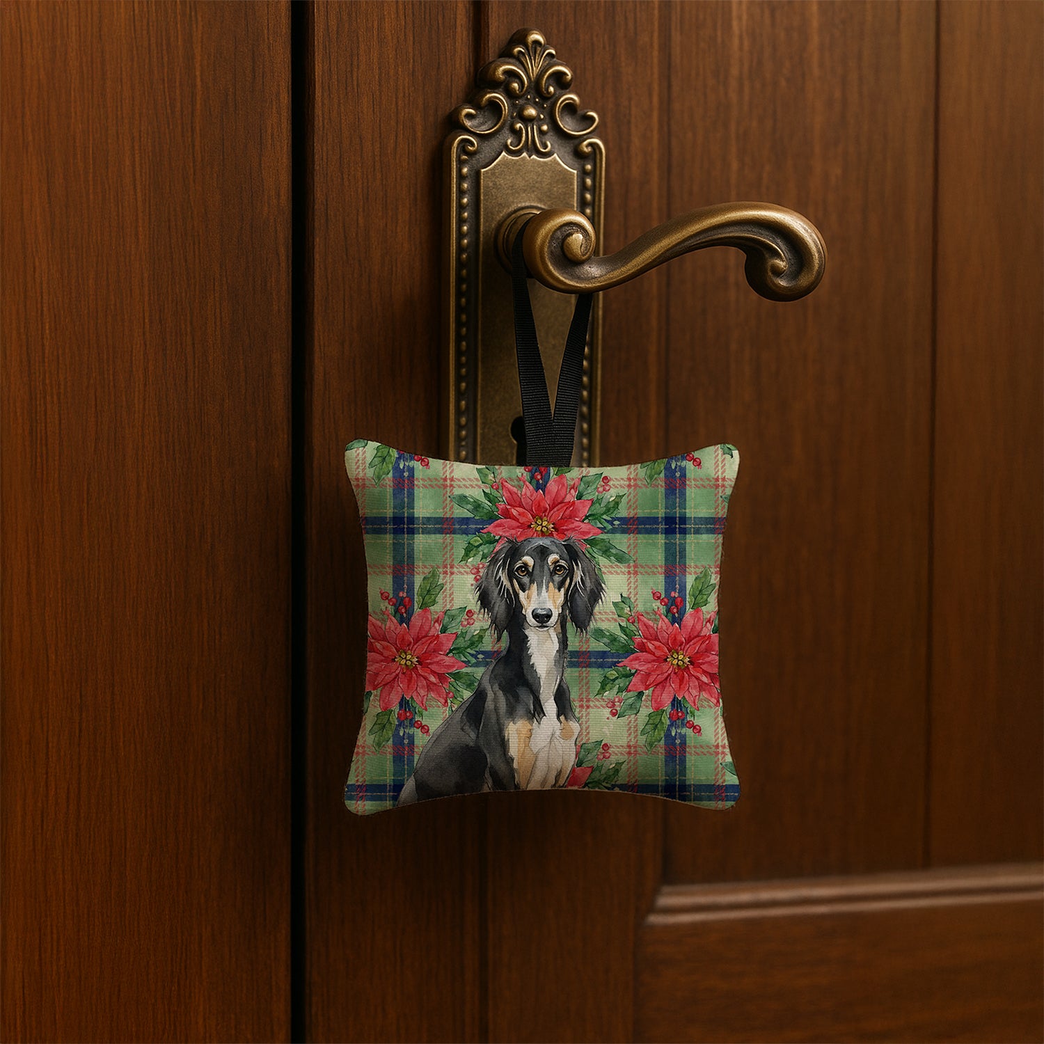 Caroline's Treasures Black and Tan Saluki Christmas PoinsettIas Hanging Square Fabric Ornament 3.5 x 3.5