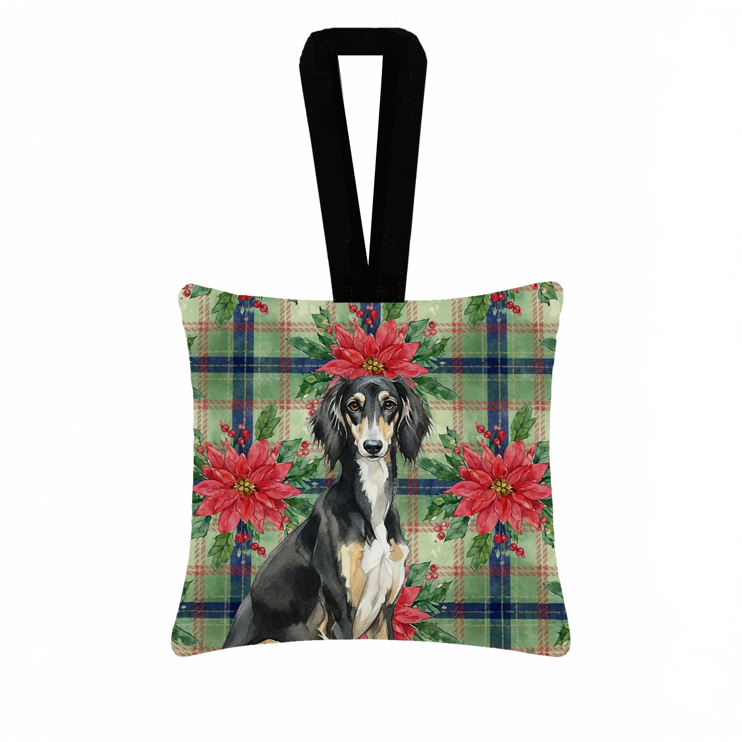 Caroline's Treasures Black and Tan Saluki Christmas PoinsettIas Hanging Square Fabric Ornament 3.5 x 3.5