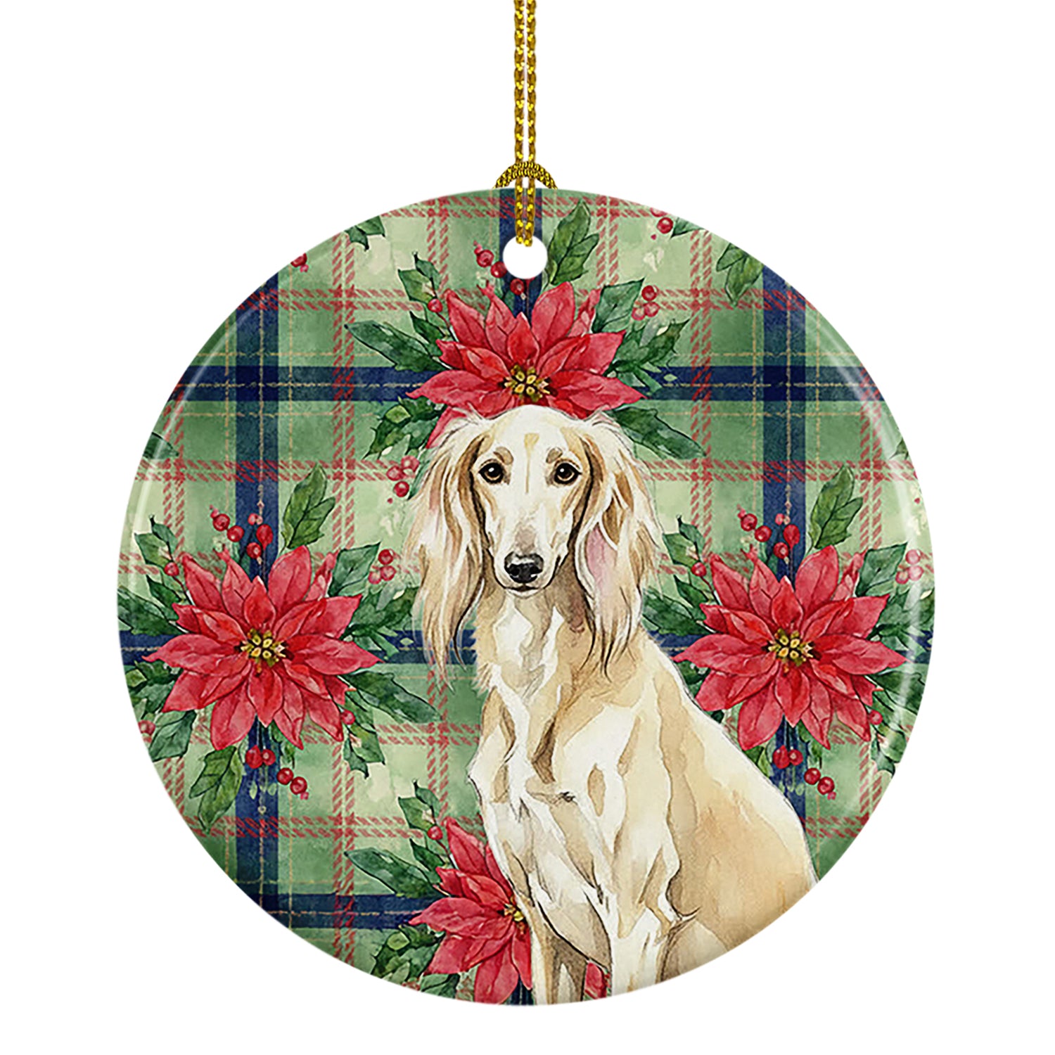 Caroline's Treasures Cream Saluki Christmas PoinsettIas Ceramic Ornament