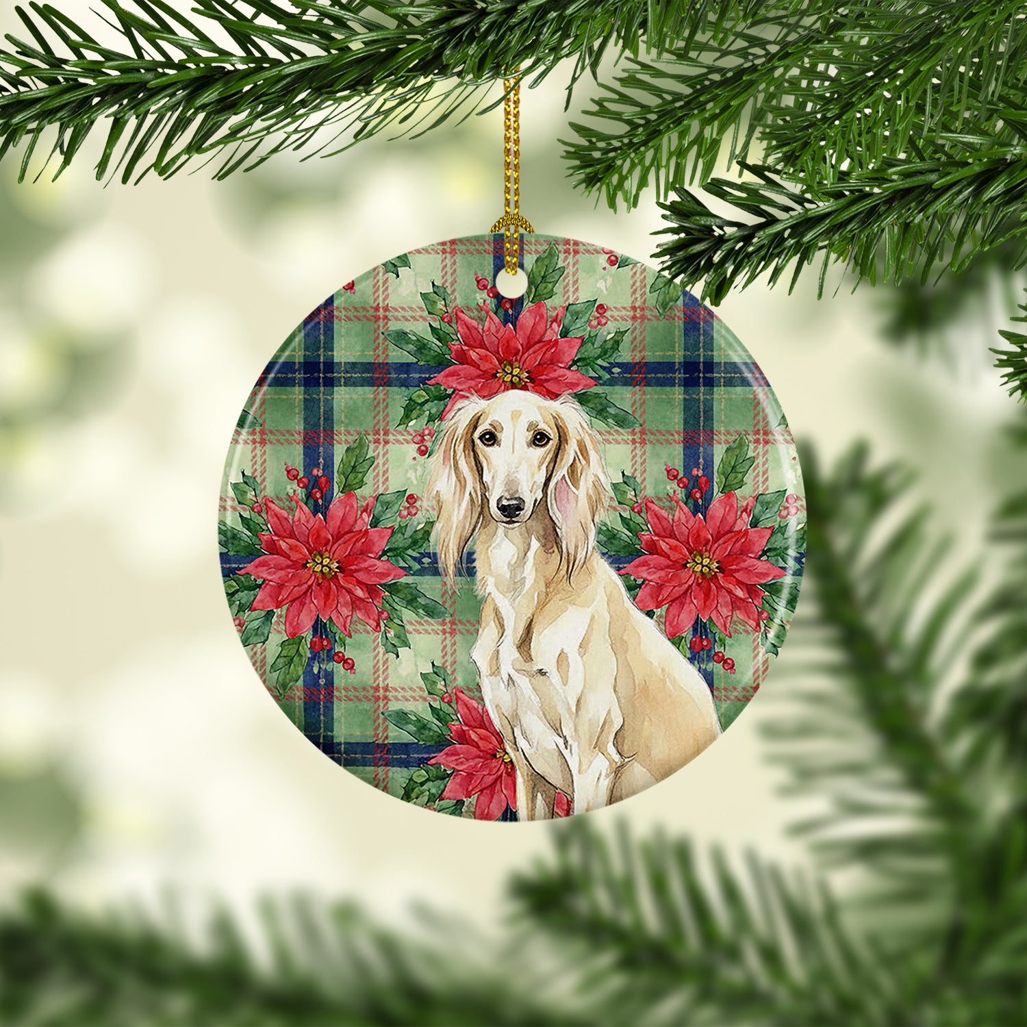 Caroline's Treasures Cream Saluki Christmas PoinsettIas Ceramic Ornament
