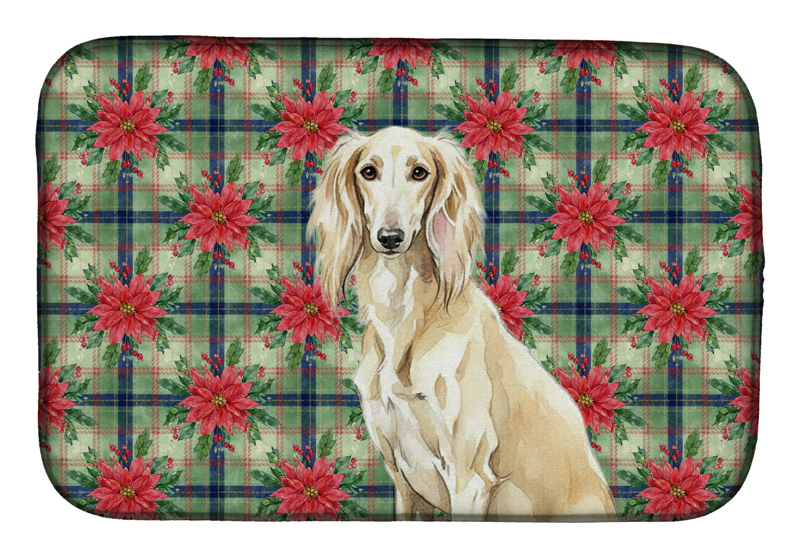 Caroline's Treasures Cream Saluki Christmas PoinsettIas Dish Drying Mat