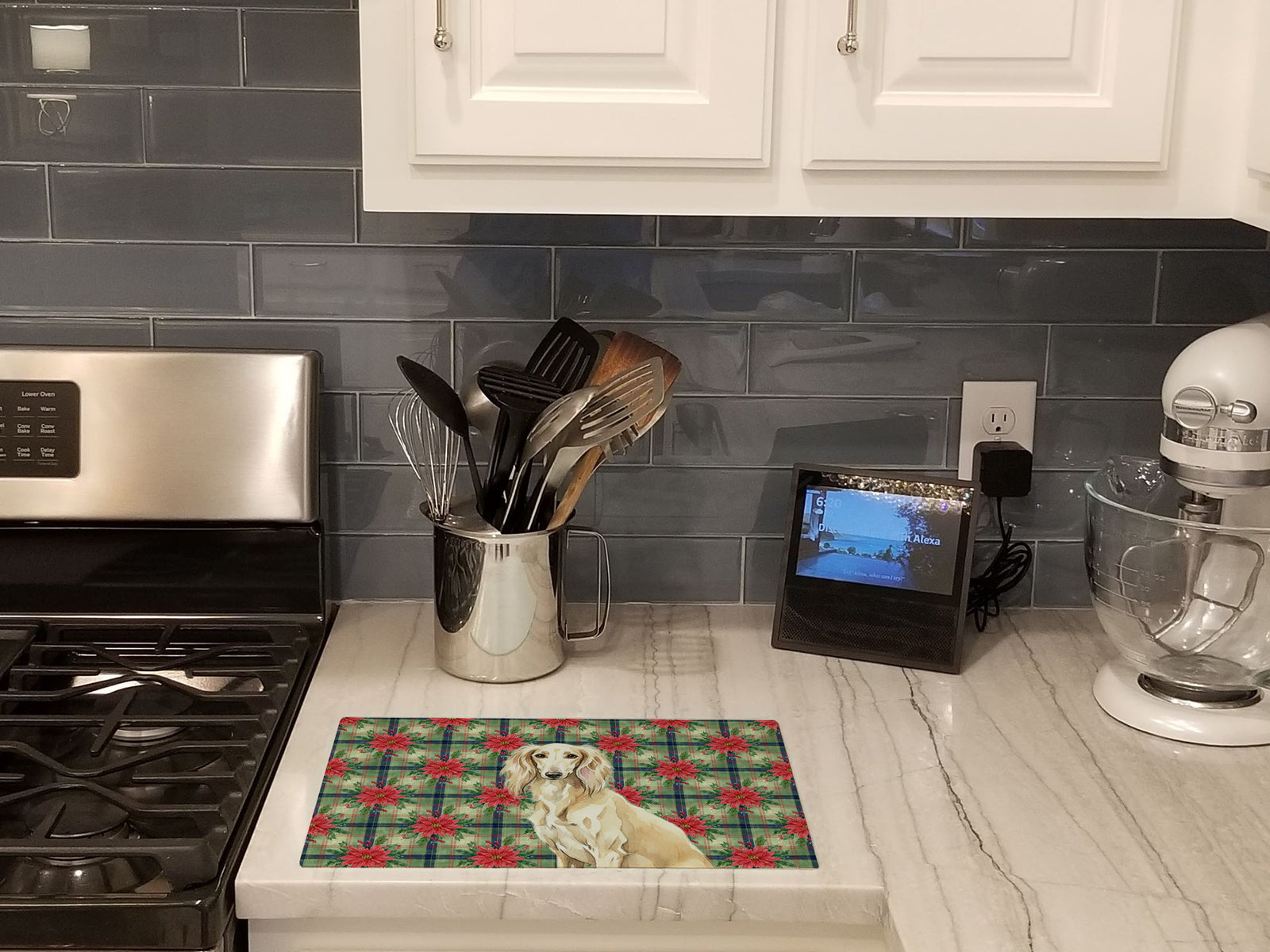 Caroline's Treasures Cream Saluki Christmas PoinsettIas Glass Cutting Board