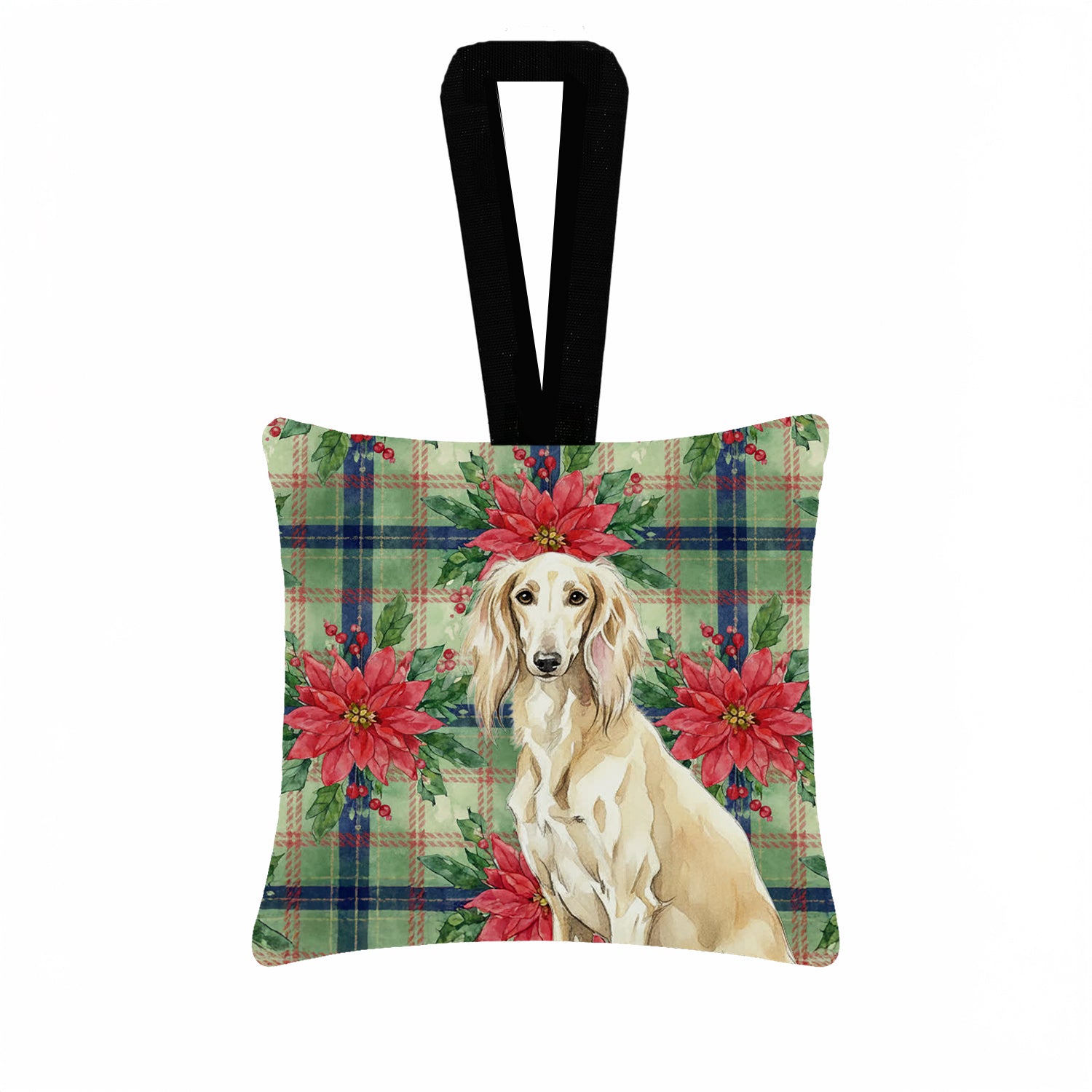 Caroline's Treasures Cream Saluki Christmas PoinsettIas Hanging Square Fabric Ornament 3.5 x 3.5