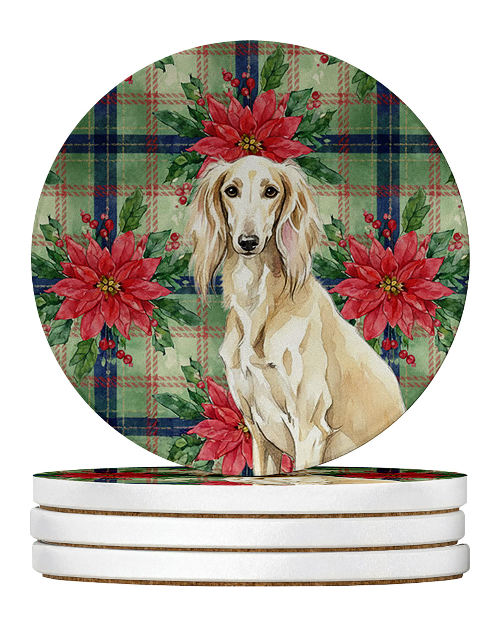 Caroline's Treasures Cream Saluki Christmas PoinsettIas Large Sandstone Coasters Pack of 4