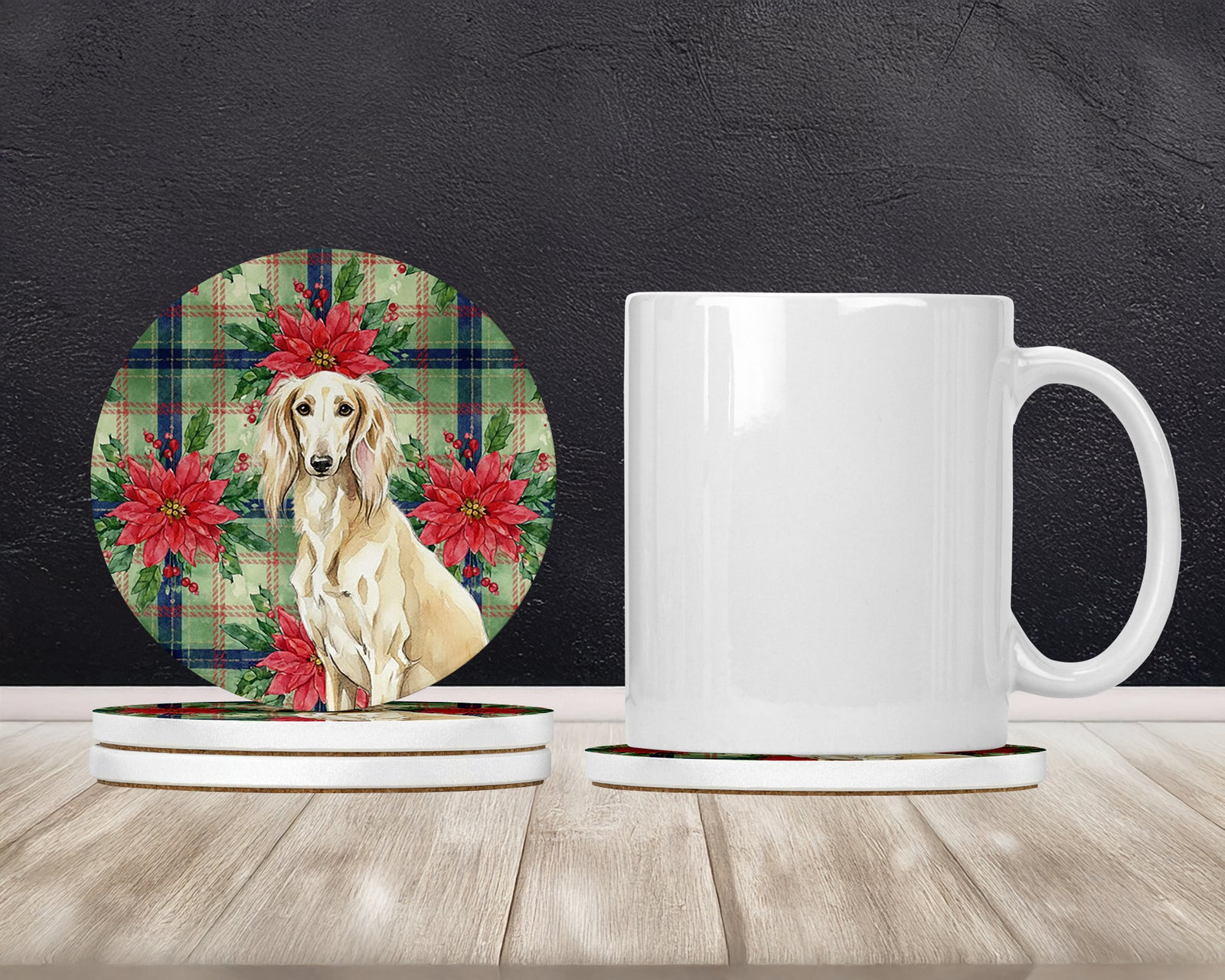 Caroline's Treasures Cream Saluki Christmas PoinsettIas Large Sandstone Coasters Pack of 4
