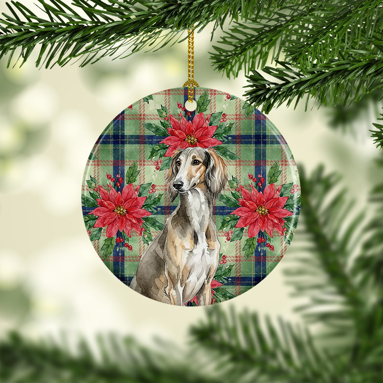 Caroline's Treasures Grizzle Saluki Christmas PoinsettIas Ceramic Ornament