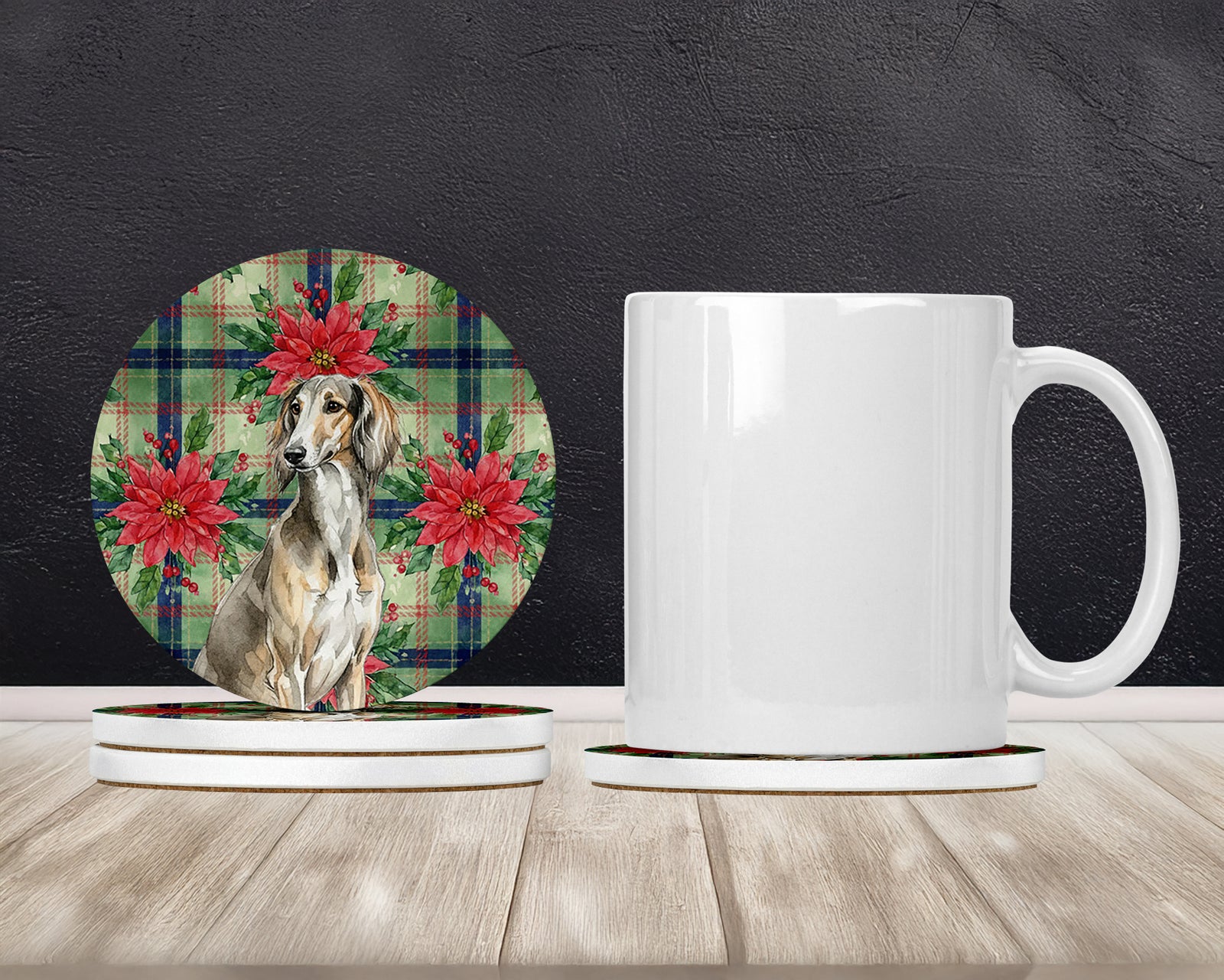 Caroline's Treasures Grizzle Saluki Christmas PoinsettIas Large Sandstone Coasters Pack of 4