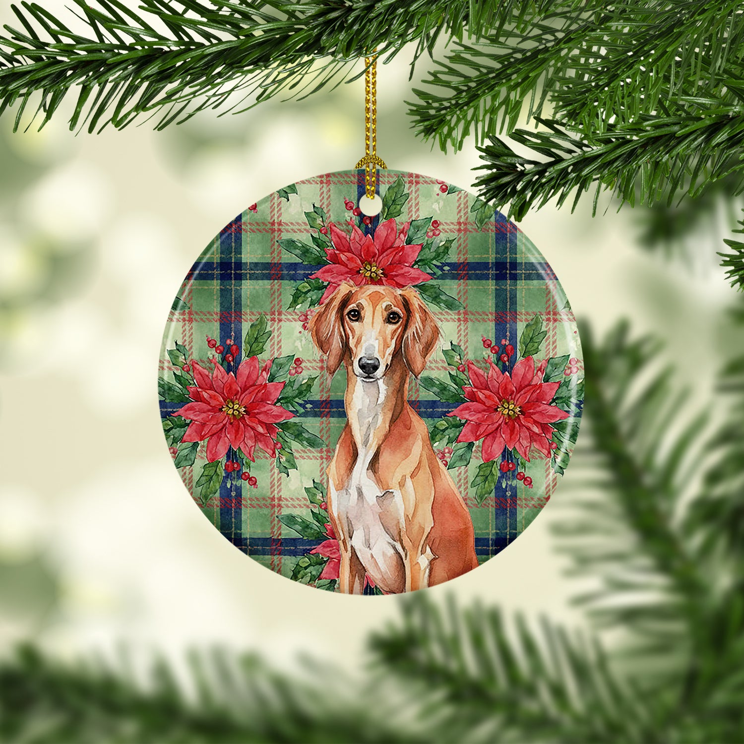 Caroline's Treasures Red Saluki Christmas PoinsettIas Ceramic Ornament