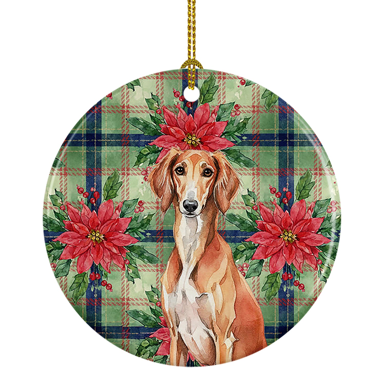 Caroline's Treasures Red Saluki Christmas PoinsettIas Ceramic Ornament