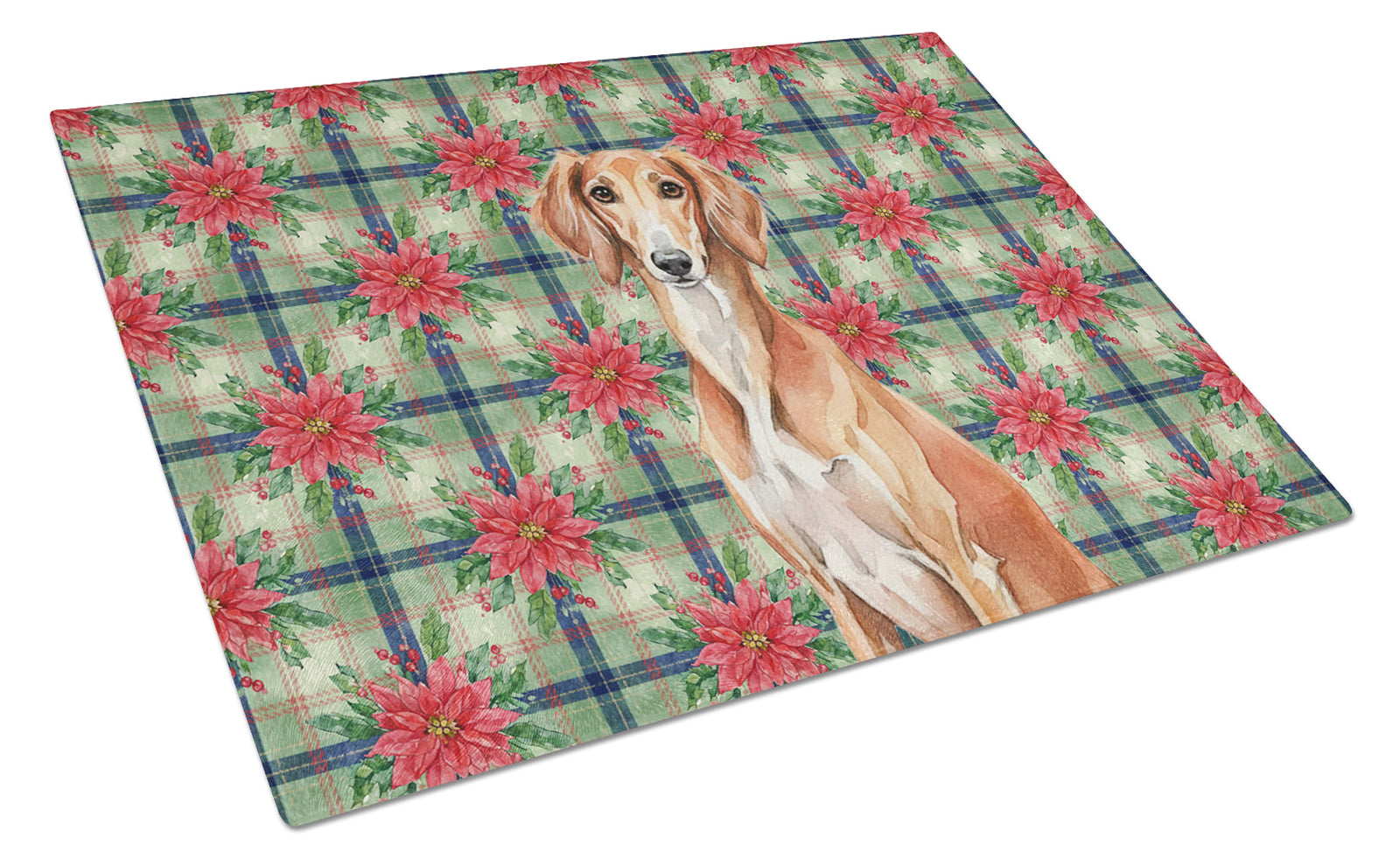 Caroline's Treasures Red Saluki Christmas PoinsettIas Glass Cutting Board