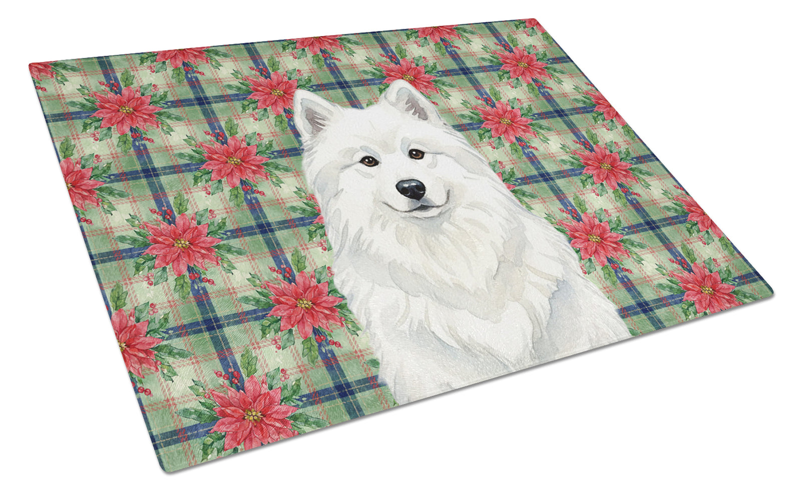 Caroline's Treasures White Samoyed Christmas PoinsettIas Glass Cutting Board