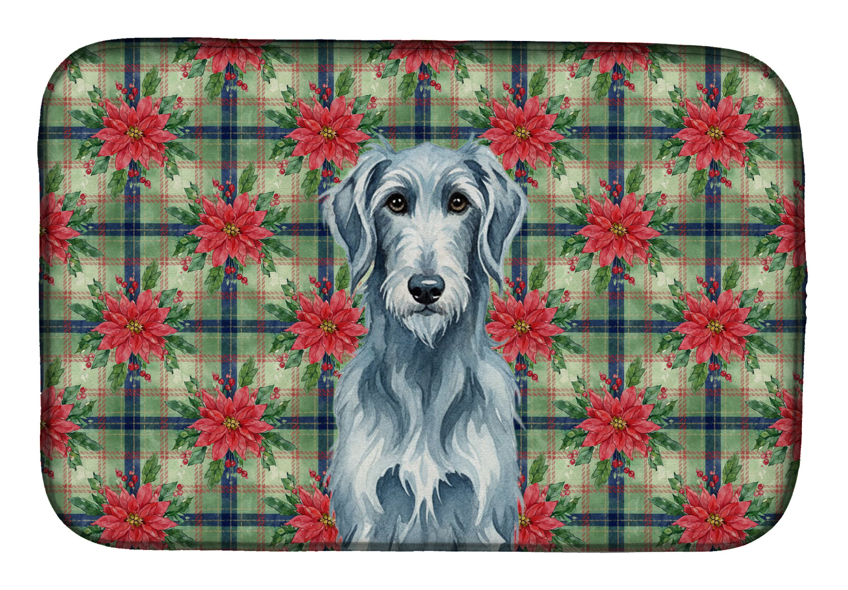 Caroline's Treasures Blue-Gray Scottish Deerhound Christmas PoinsettIas Dish Drying Mat