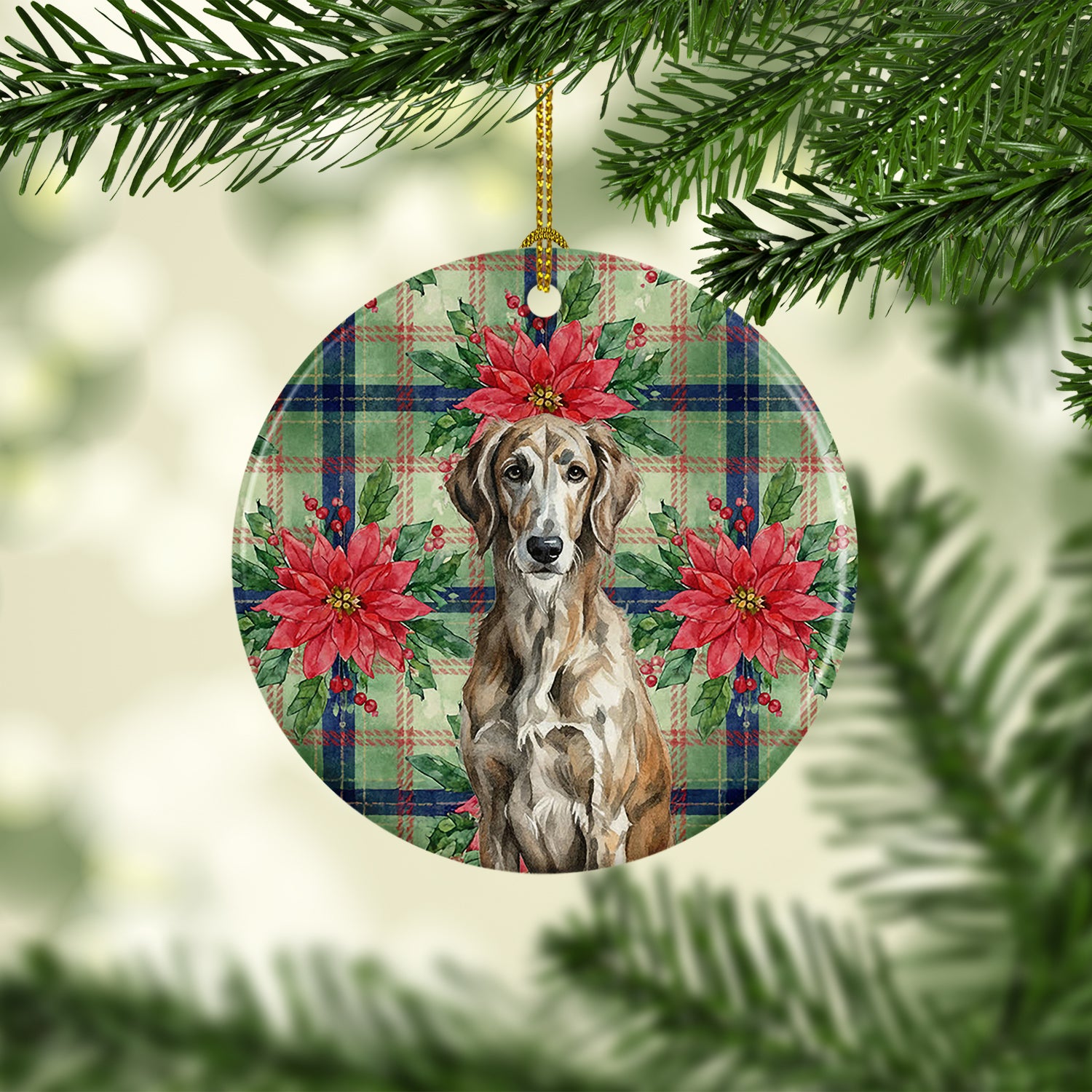 Caroline's Treasures Brindle Scottish Deerhound Christmas PoinsettIas Ceramic Ornament