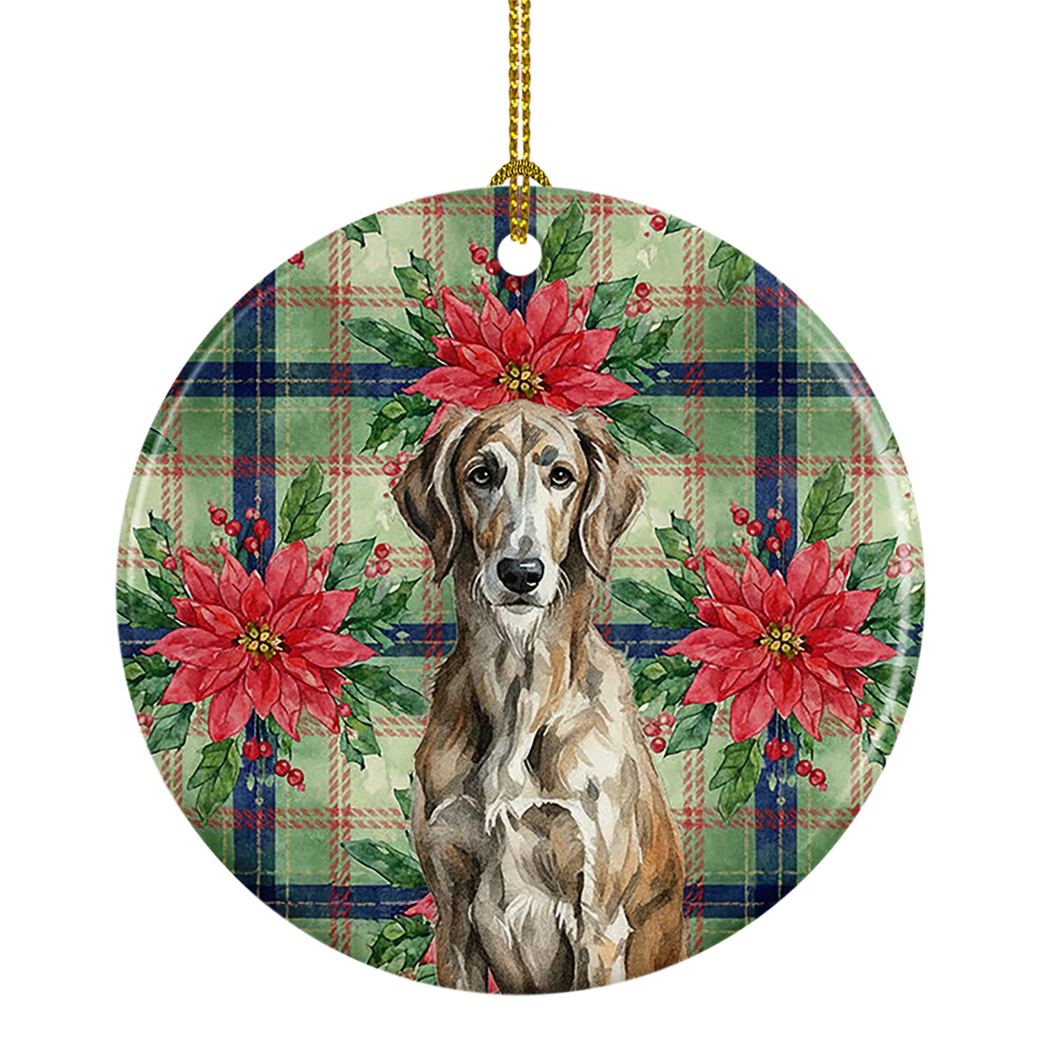 Caroline's Treasures Brindle Scottish Deerhound Christmas PoinsettIas Ceramic Ornament