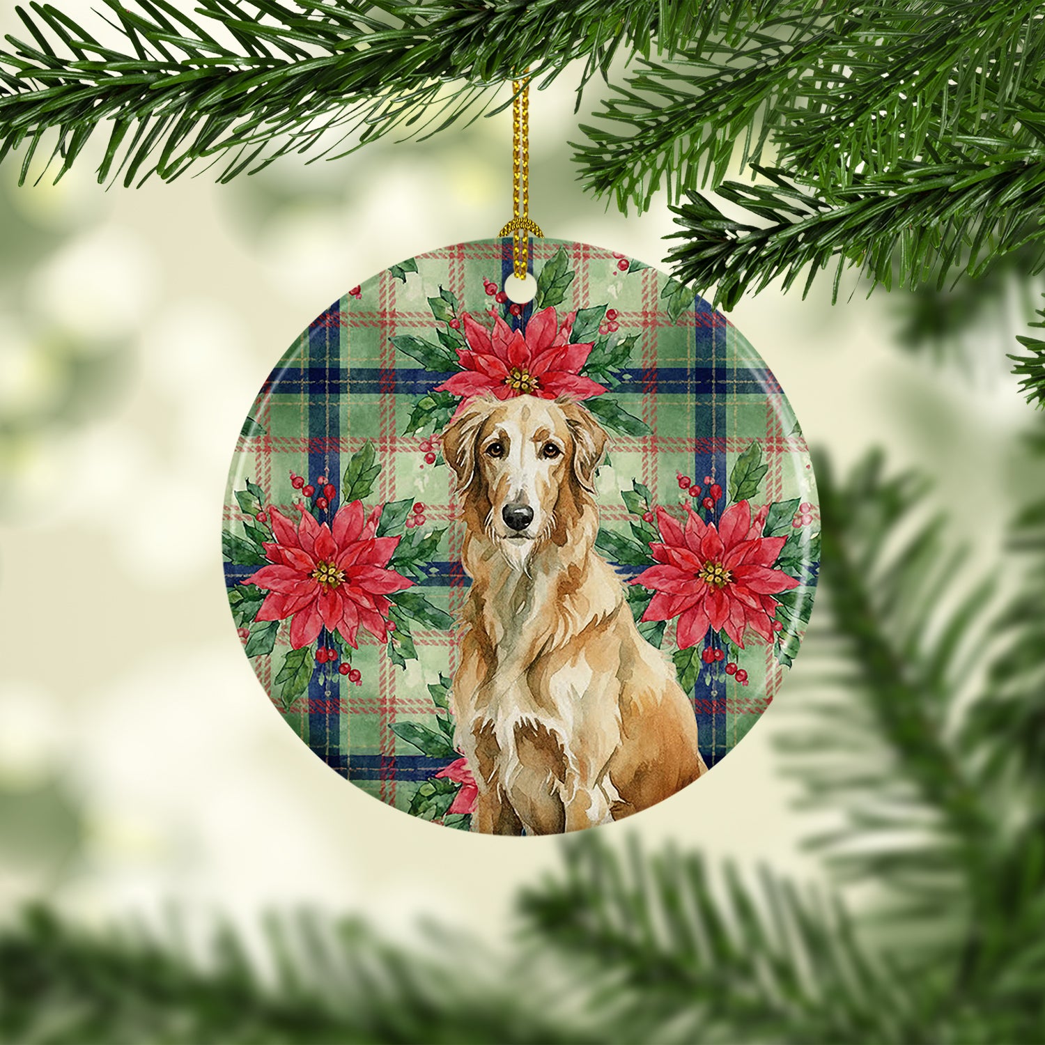 Caroline's Treasures Wheaten Scottish Deerhound Christmas PoinsettIas Ceramic Ornament