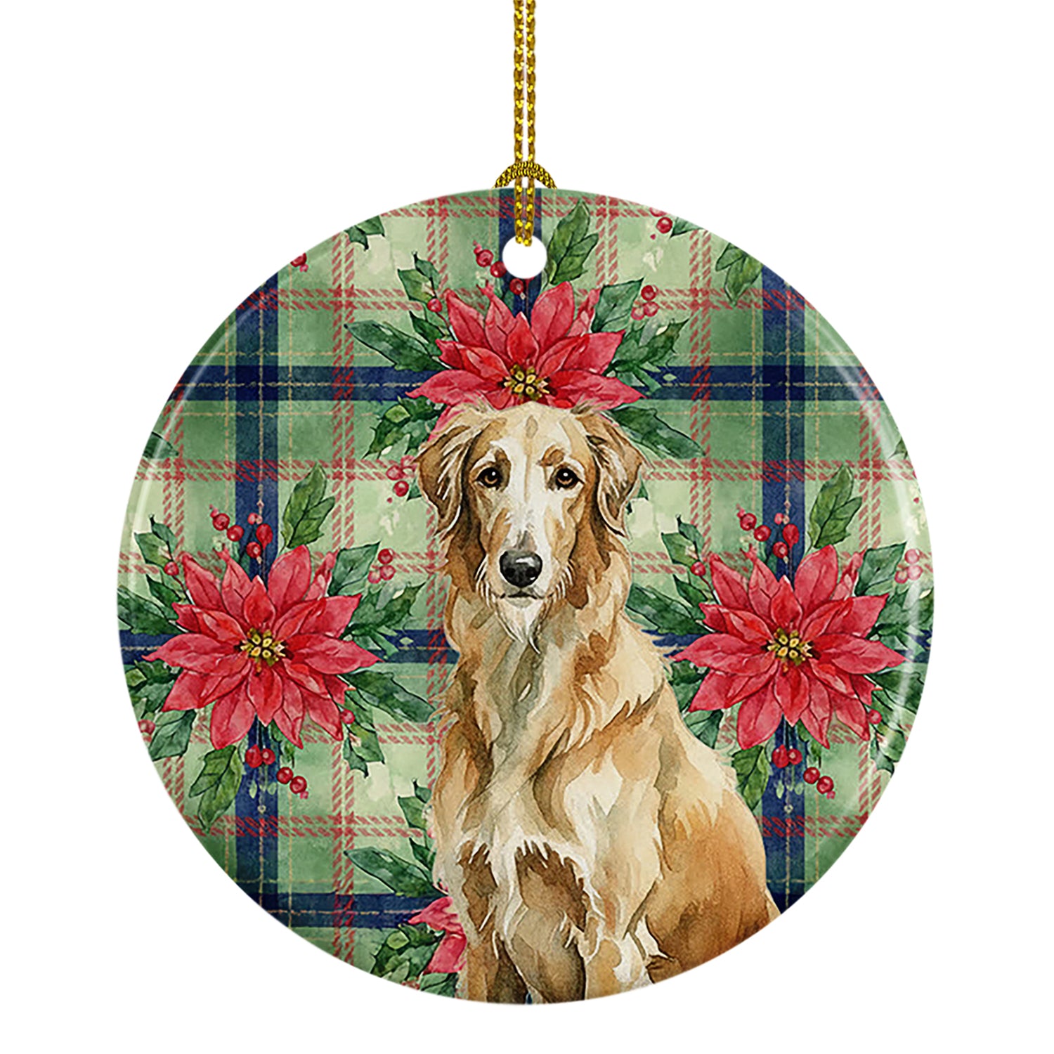 Caroline's Treasures Wheaten Scottish Deerhound Christmas PoinsettIas Ceramic Ornament
