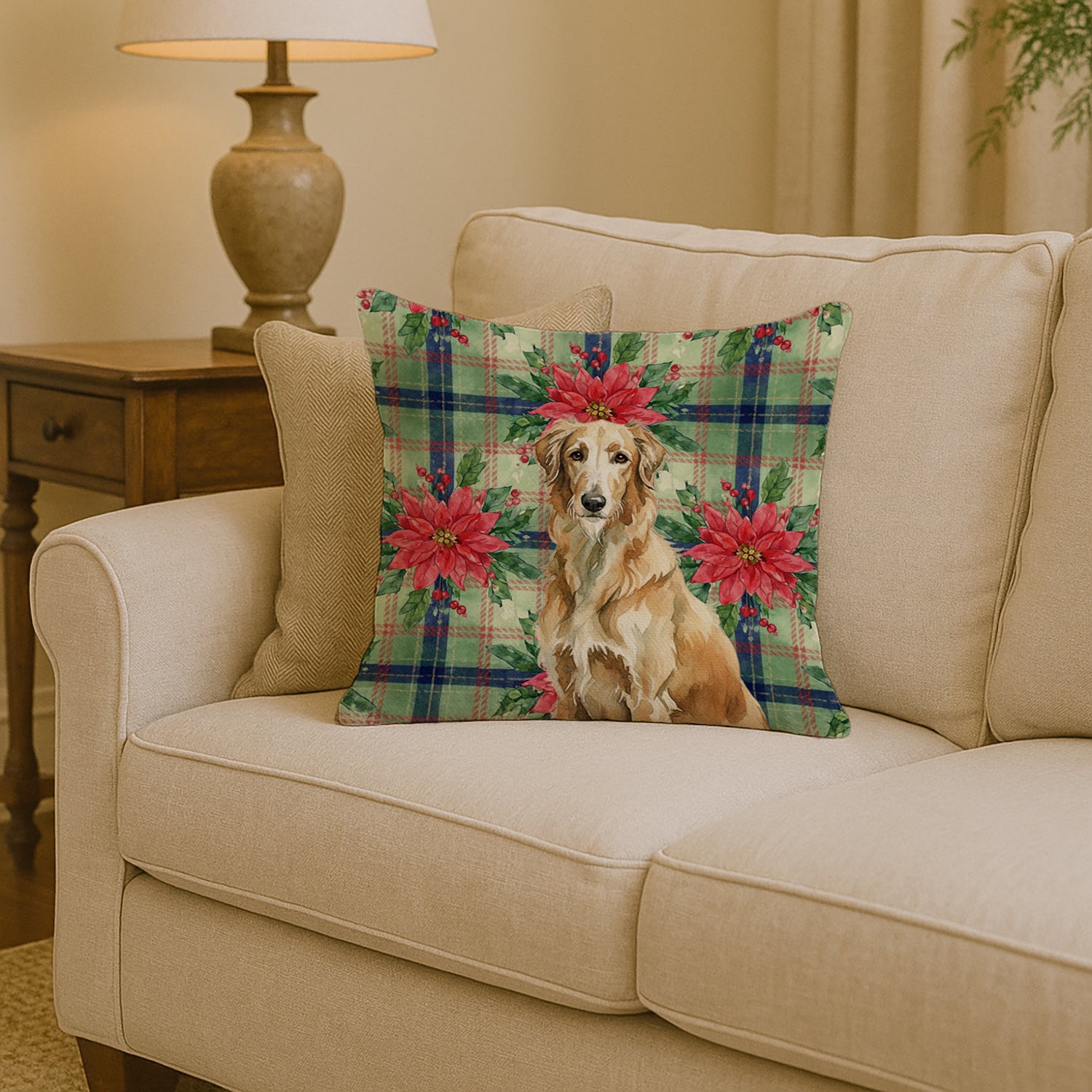 Caroline's Treasures Wheaten Scottish Deerhound Christmas PoinsettIas Throw Pillow