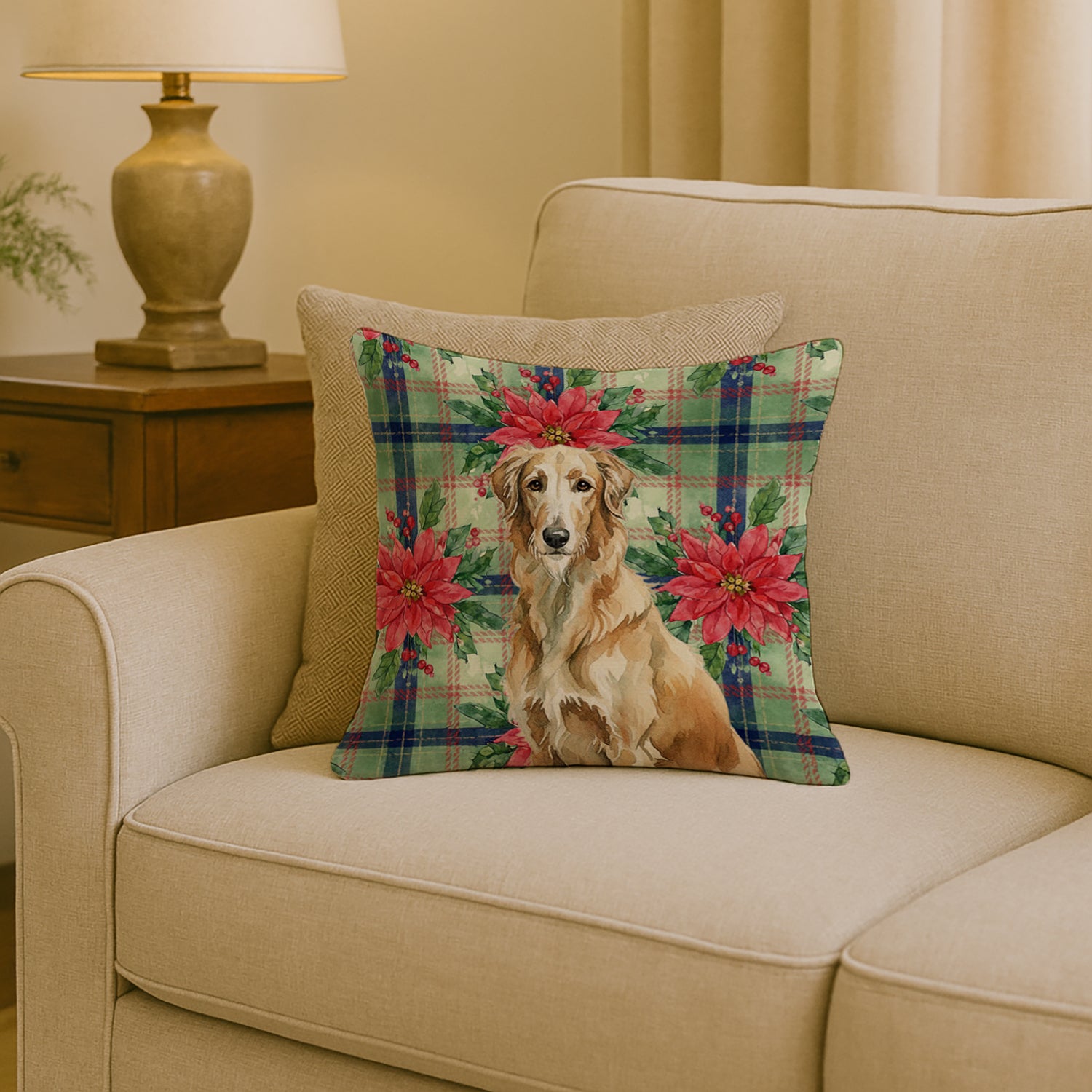 Caroline's Treasures Wheaten Scottish Deerhound Christmas PoinsettIas Throw Pillow
