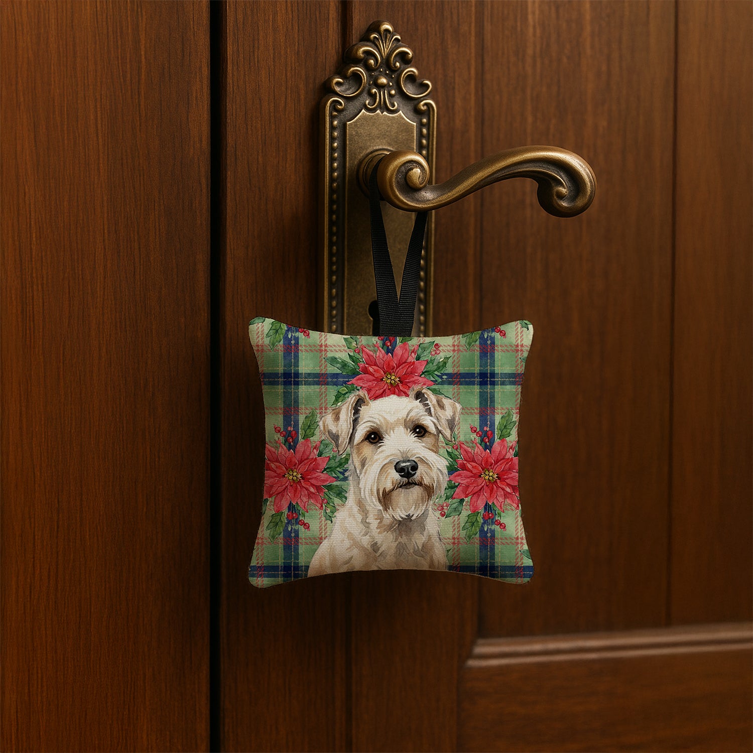 Caroline's Treasures Sealyham Terrier Christmas PoinsettIas Hanging Square Fabric Ornament 3.5 x 3.5