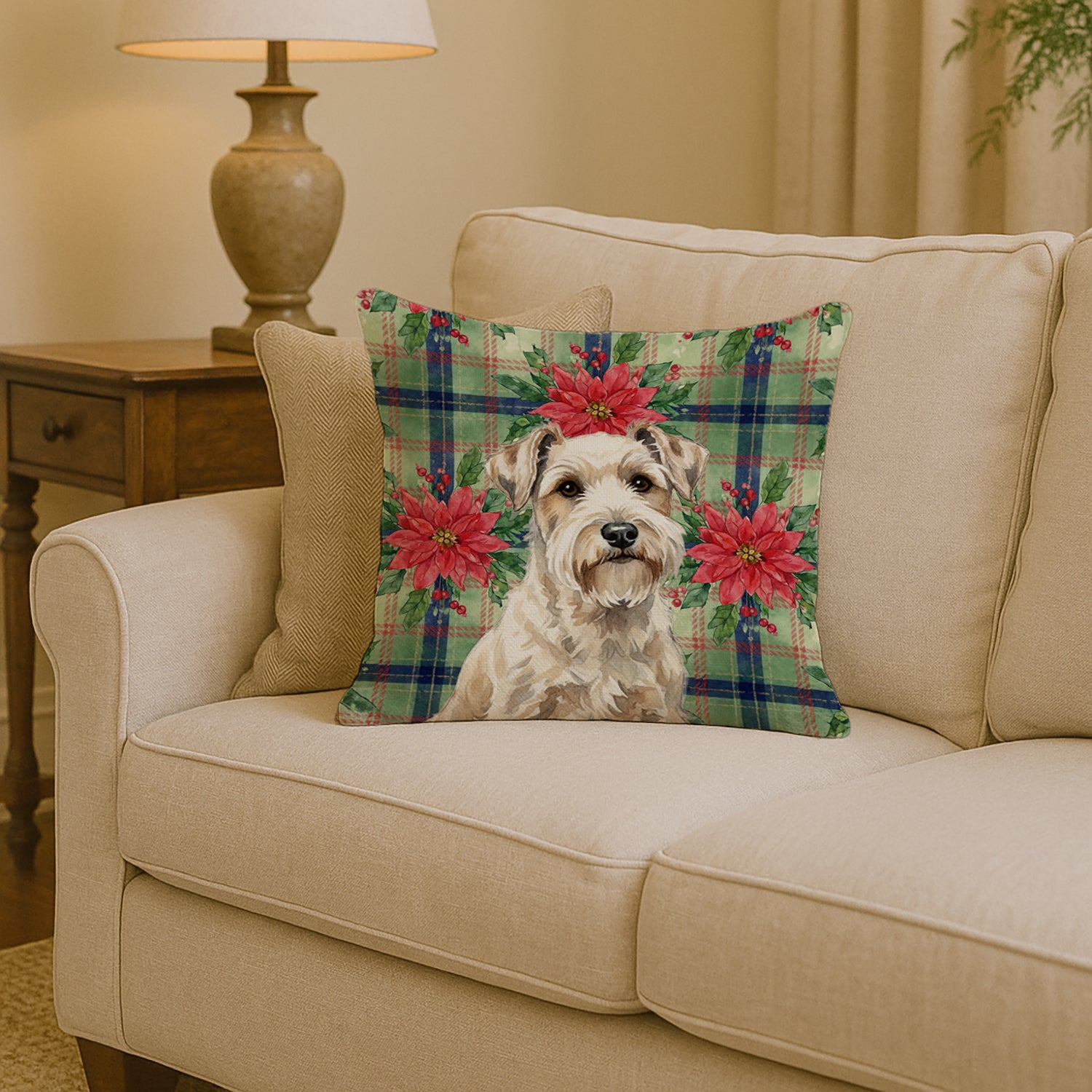 Caroline's Treasures Sealyham Terrier Christmas PoinsettIas Throw Pillow