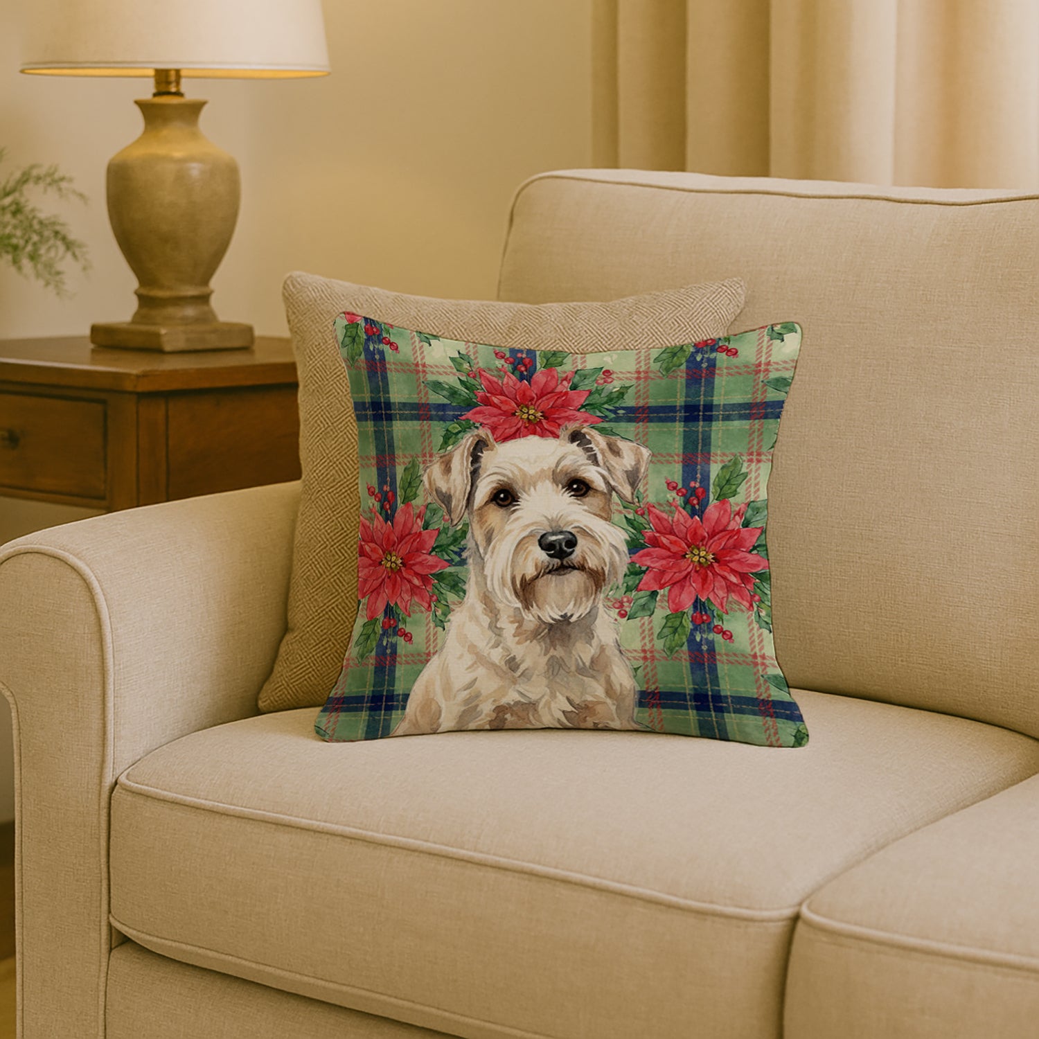 Caroline's Treasures Sealyham Terrier Christmas PoinsettIas Throw Pillow