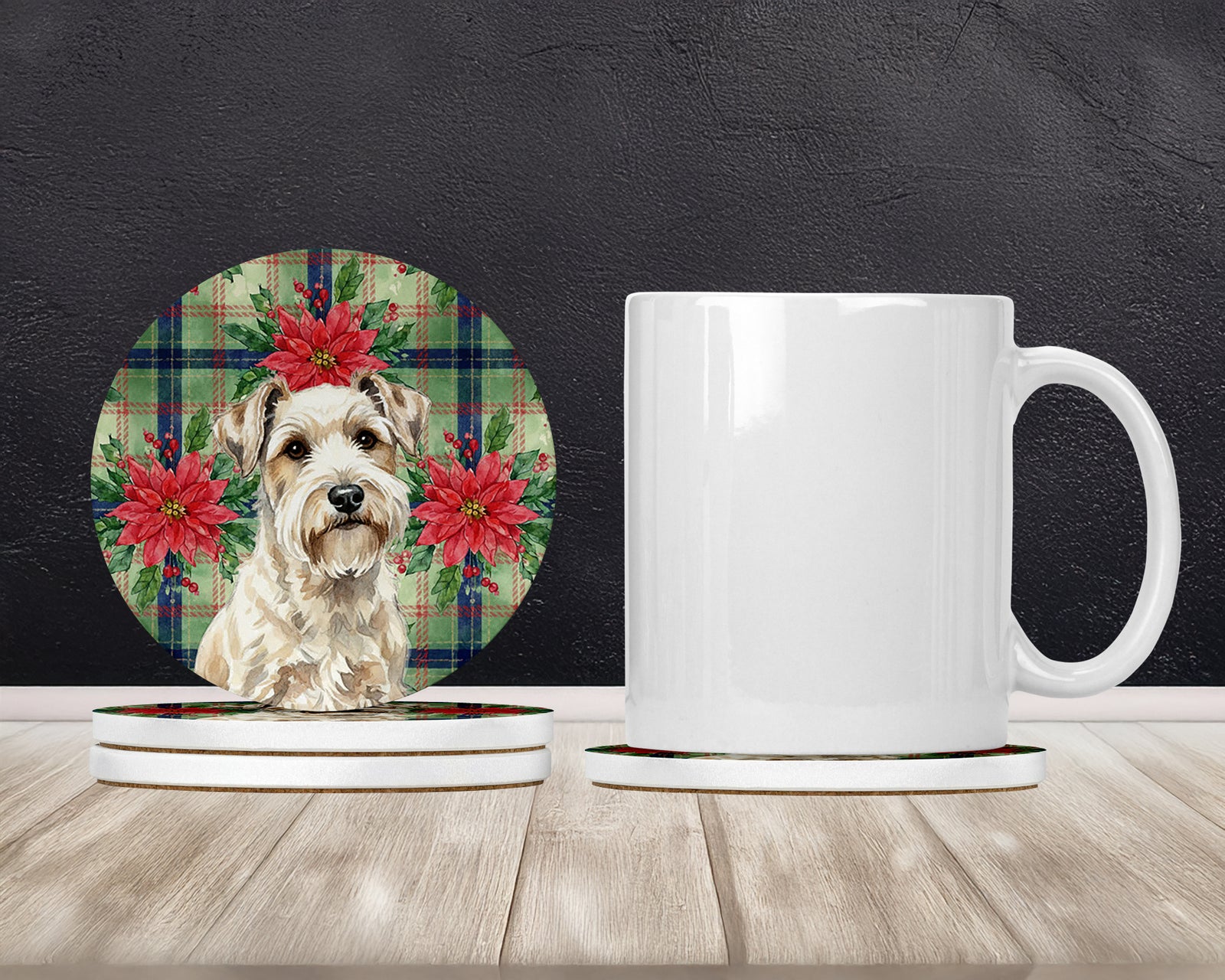 Caroline's Treasures Sealyham Terrier Christmas PoinsettIas Large Sandstone Coasters Pack of 4