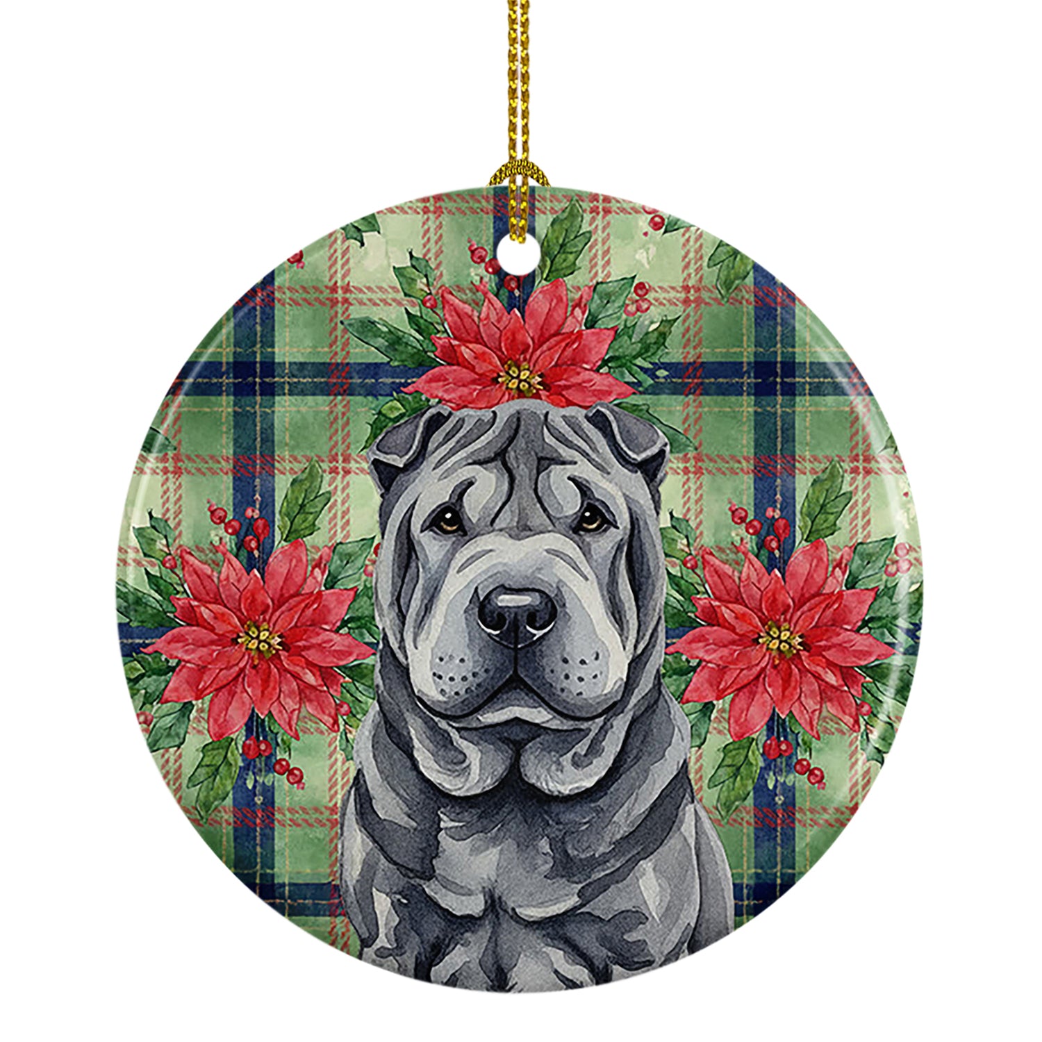 Caroline's Treasures Black Shar Pei Christmas PoinsettIas Ceramic Ornament